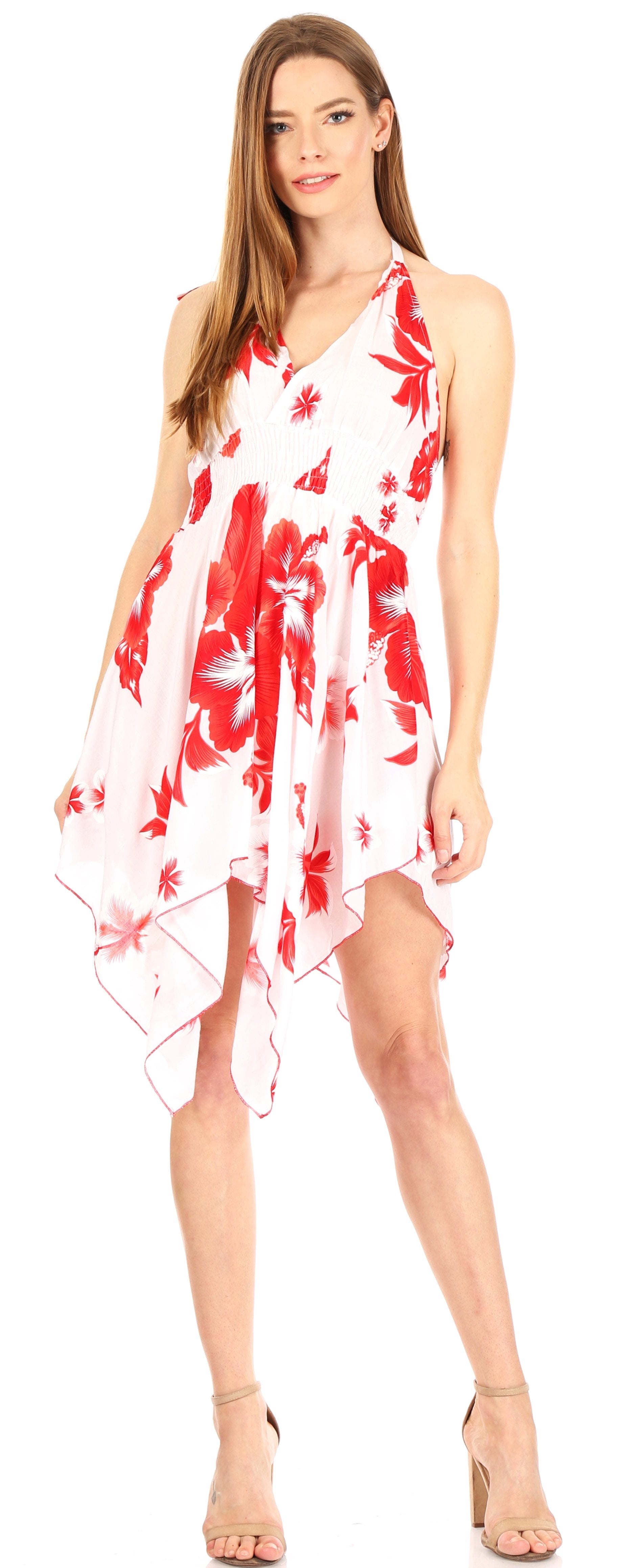 Sakkas - Svana V-neck Spaghetti Strap Floral Print Dress