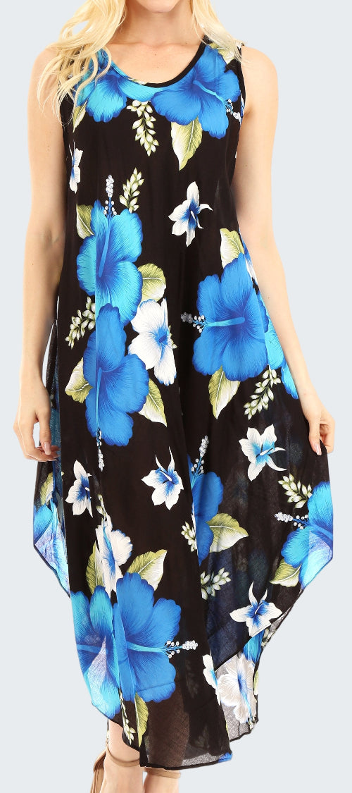 Woman wearing a sleeveless dress with blue floral pattern on a black background