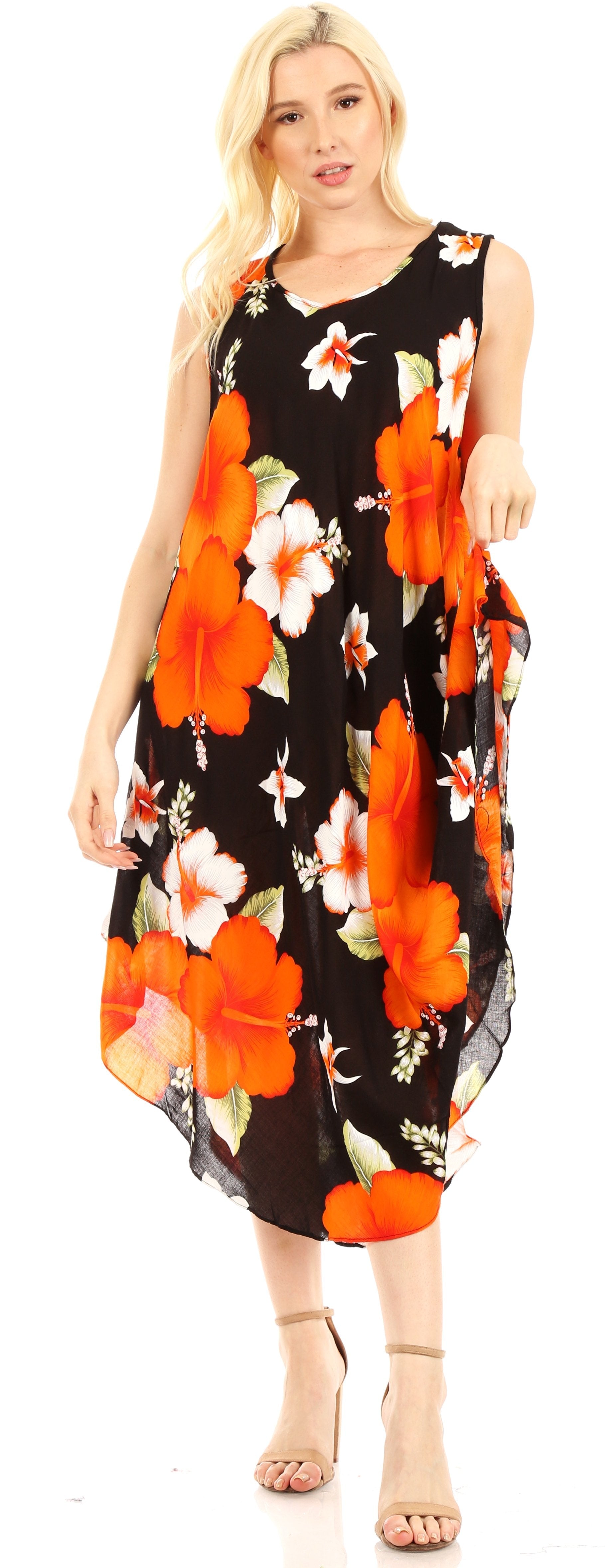 Sakkas - Aba Floral Print Sleeveless Loose Dress