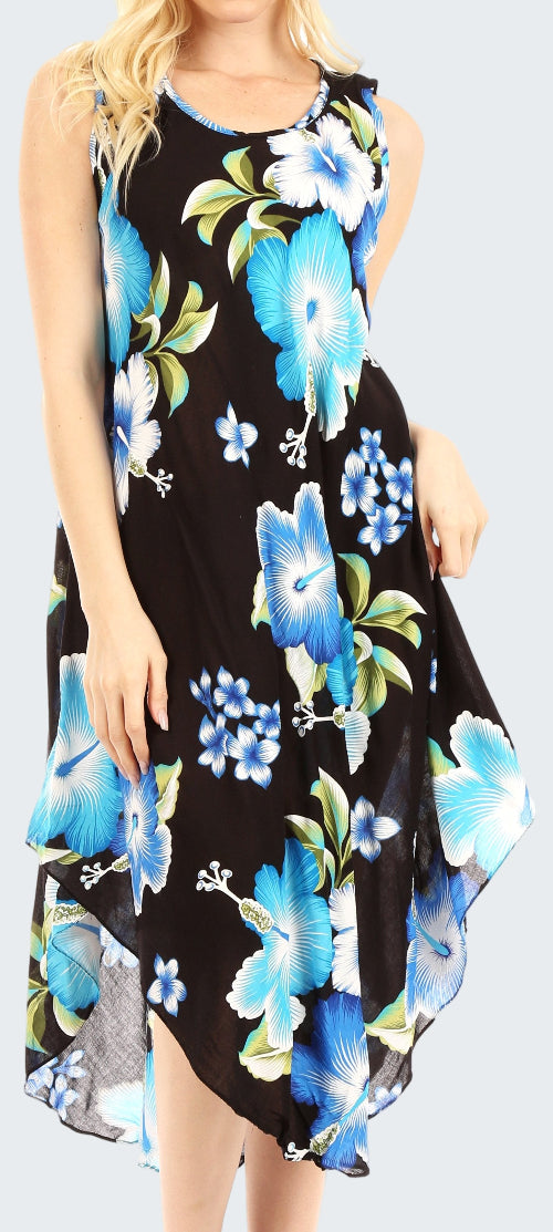 Woman wearing a black sleeveless dress with blue floral pattern