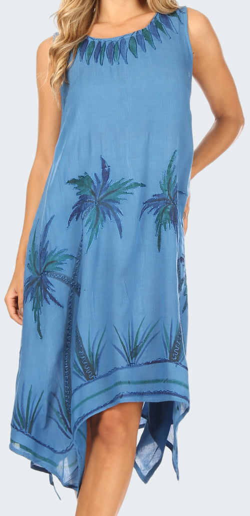 Blue dress with palm tree pattern worn by a model on a white background