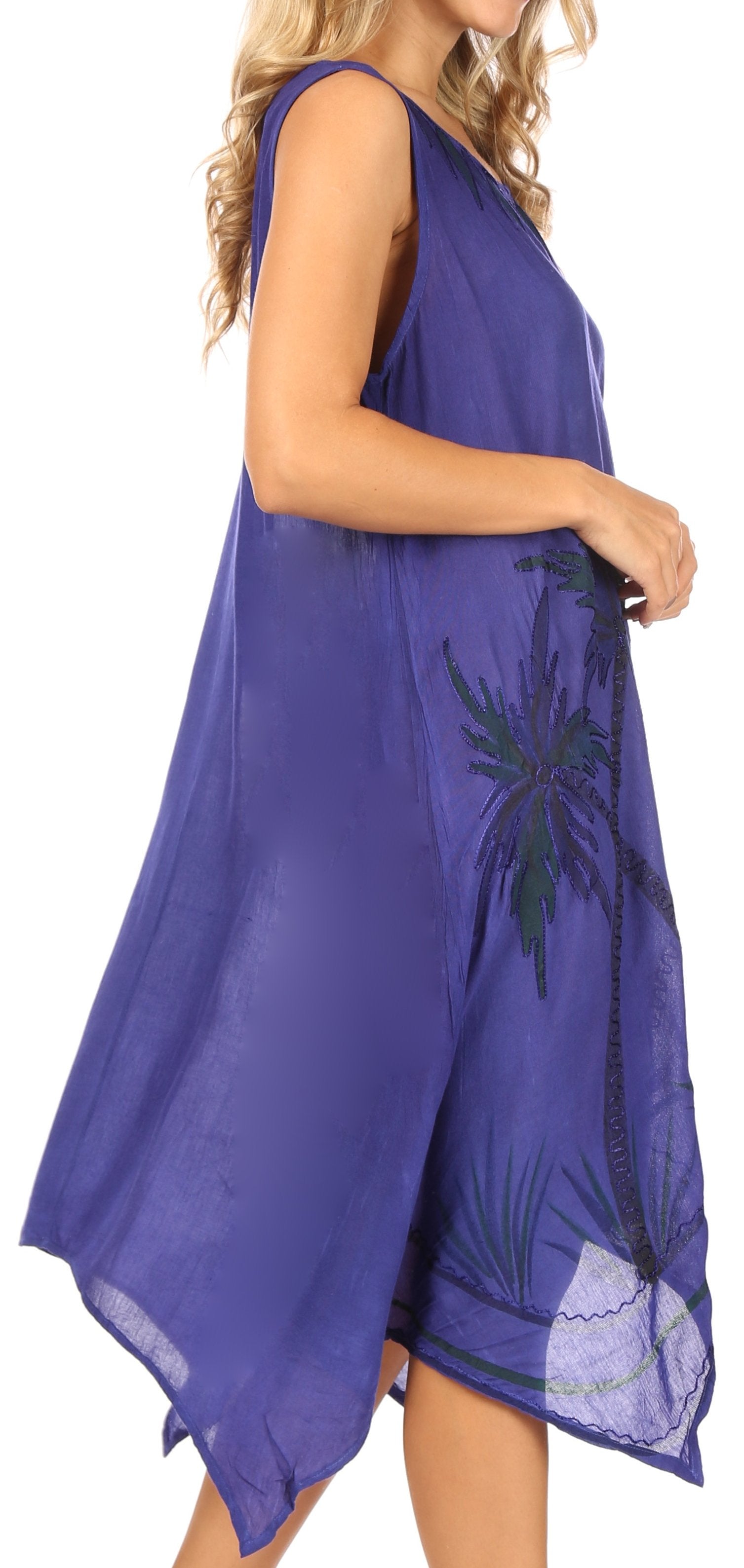 Woman wearing a purple dress with palm tree design on a white background