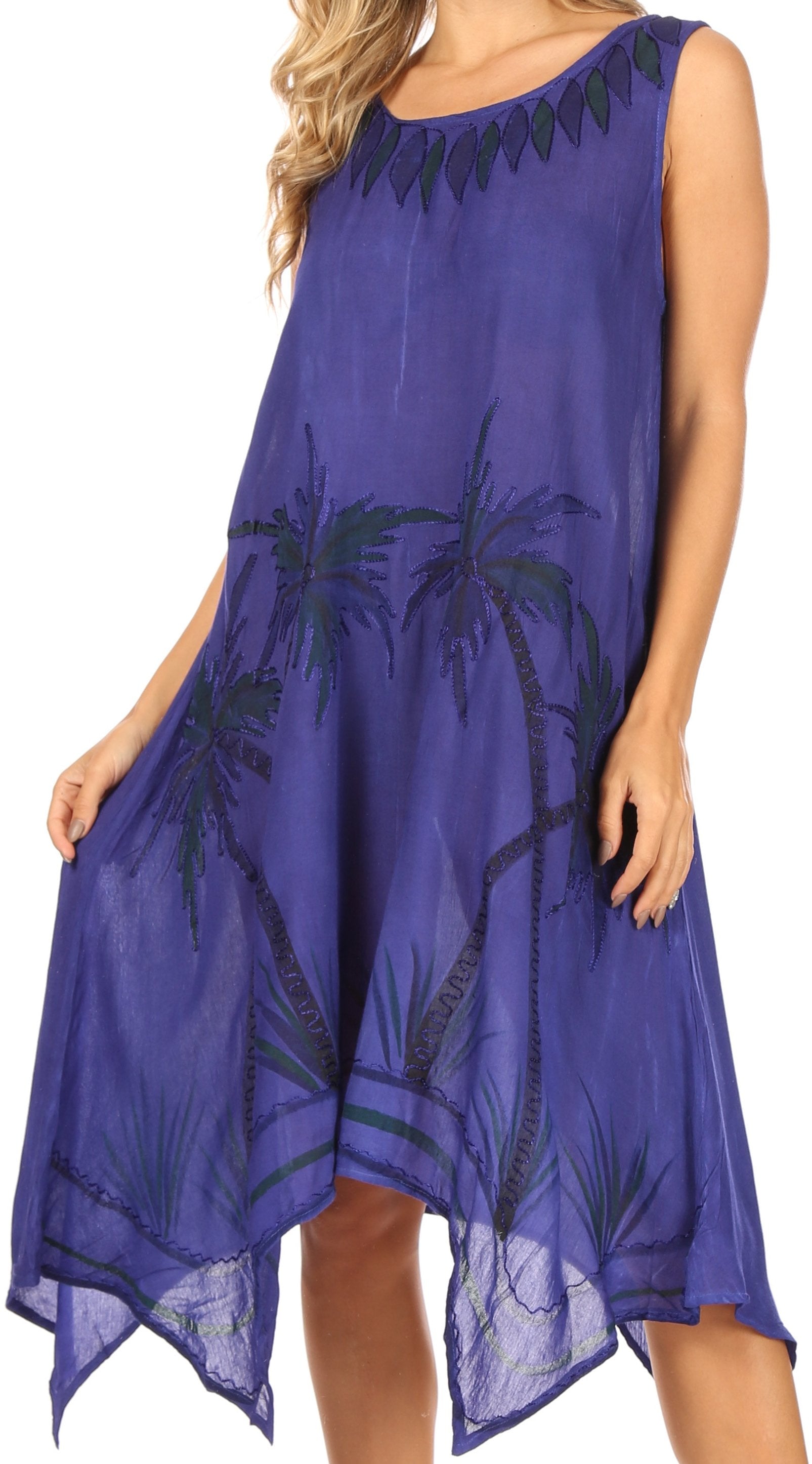 Woman wearing a purple dress with palm tree design on a white background