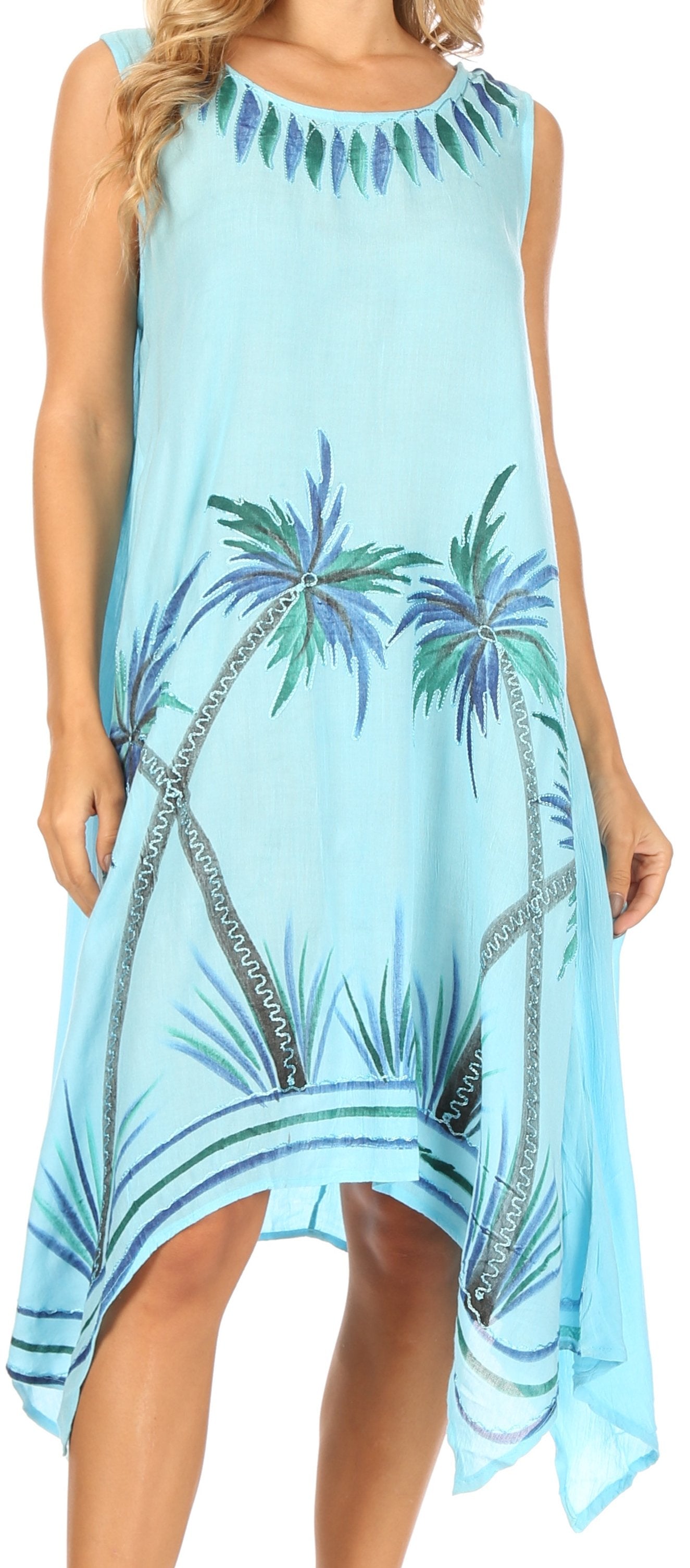 Light blue dress with palm tree and sailboat pattern