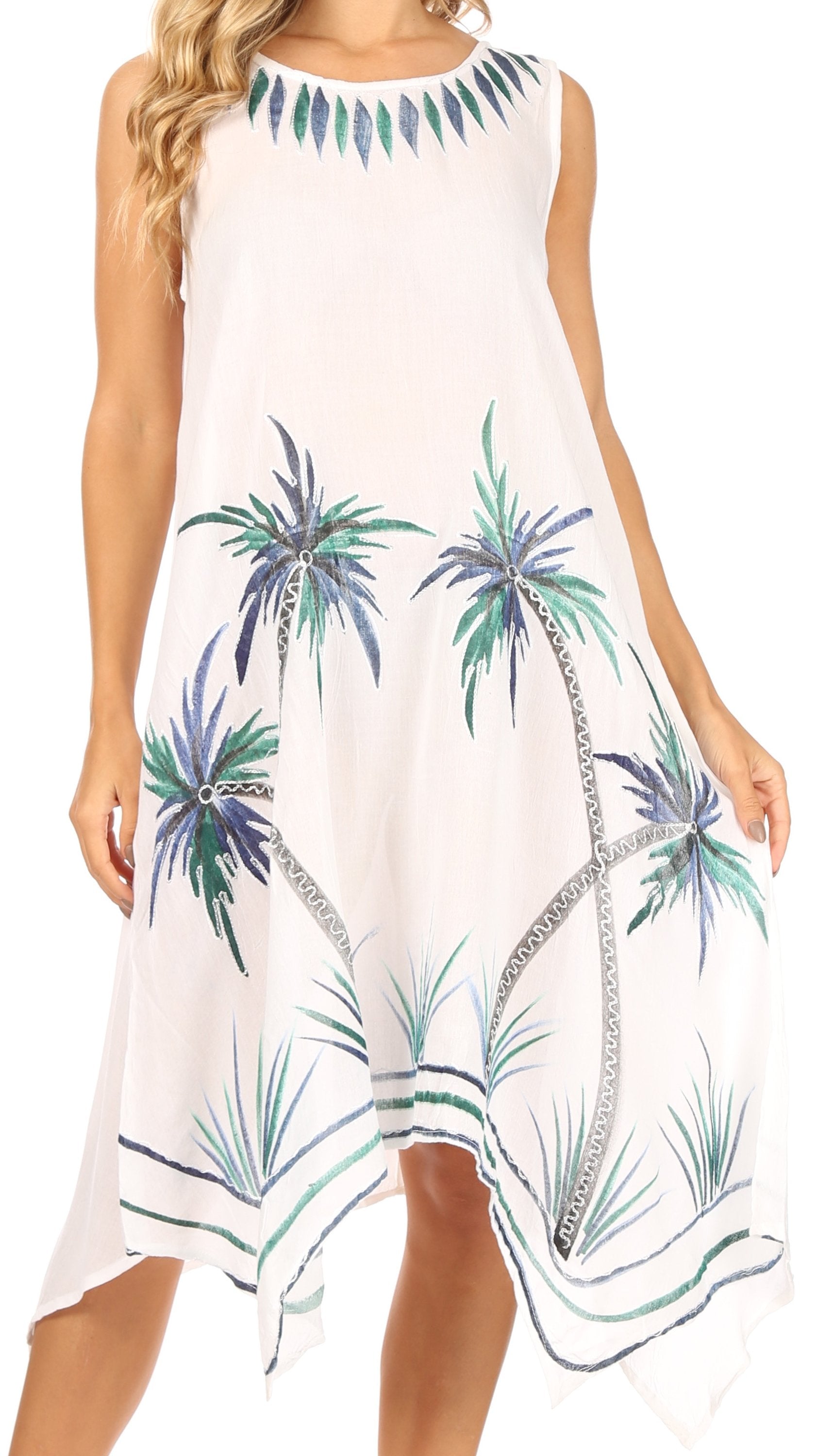 White dress with palm tree pattern worn by a model on a white background