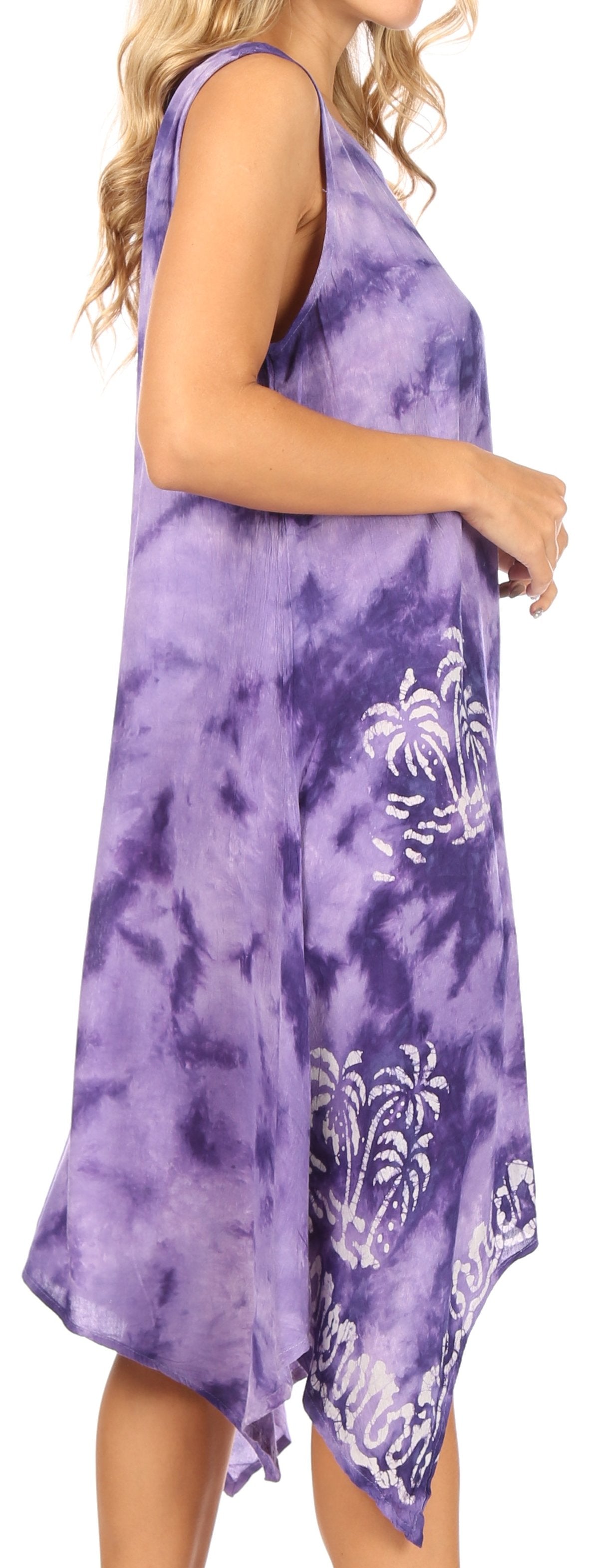 Purple tie-dye dress with white floral patterns on a white background
