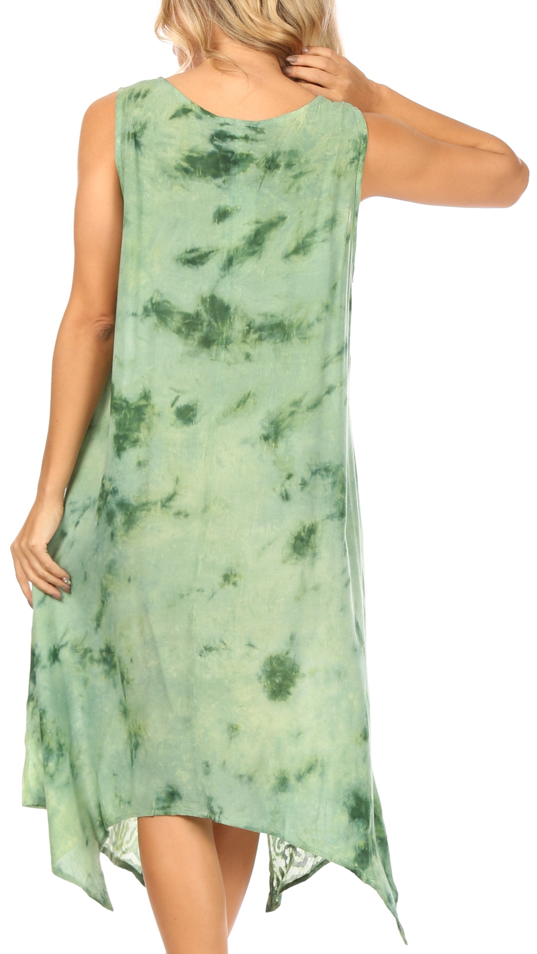 Green tie-dye dress worn by a person on a white background