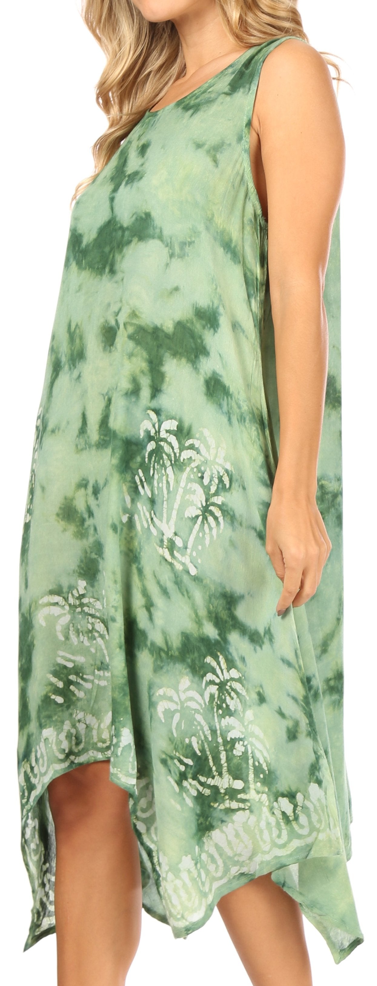 Green tie-dye dress with palm tree pattern on a model