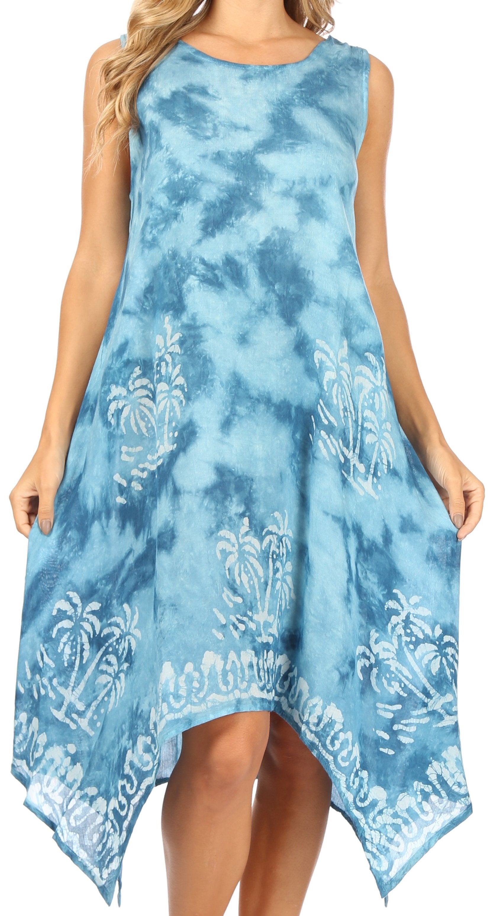 Blue tie-dye dress with white floral patterns on a white background