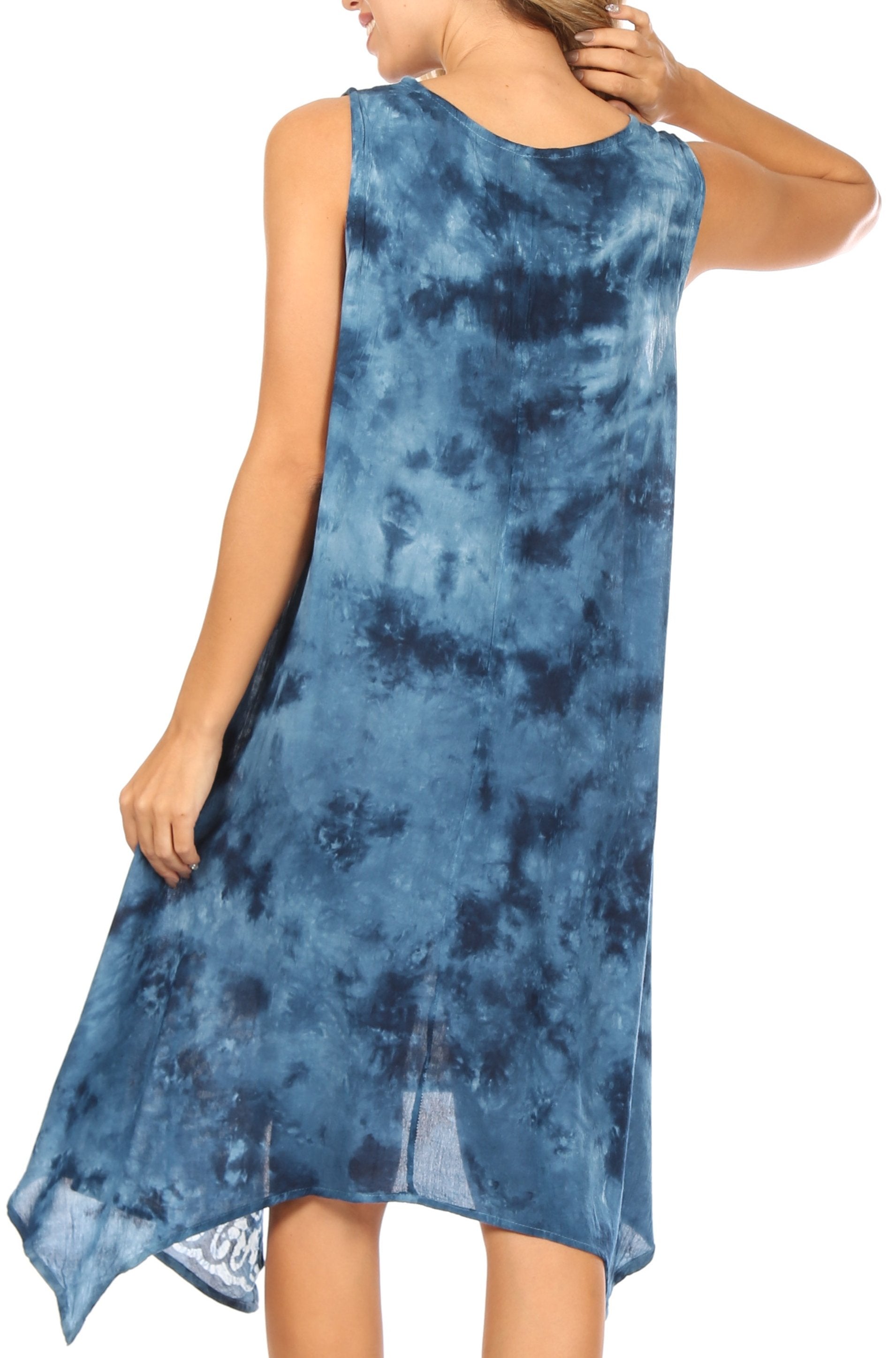 Blue tie-dye dress worn by a person on a white background