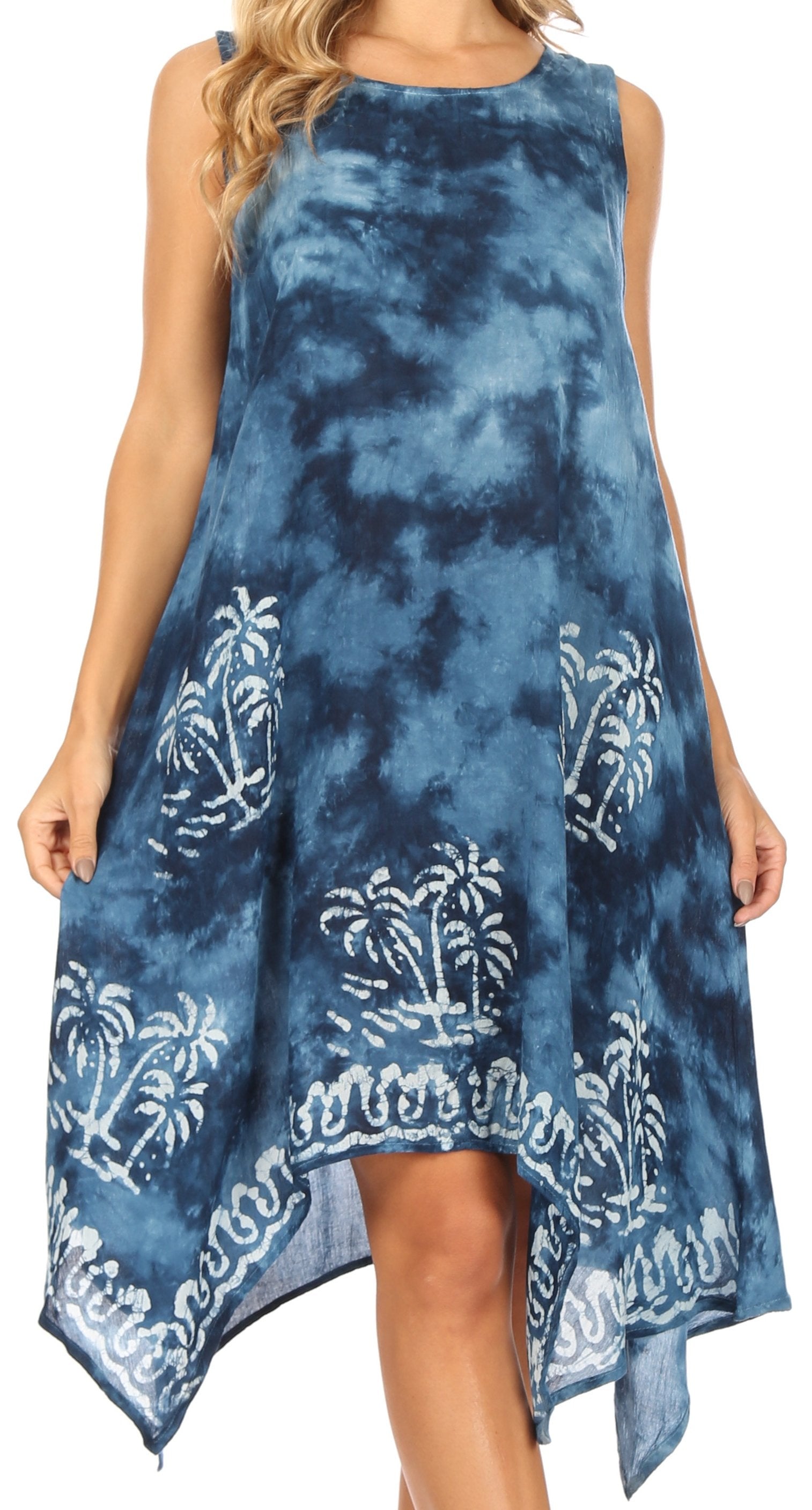 Blue tie-dye dress with white patterns on a white background