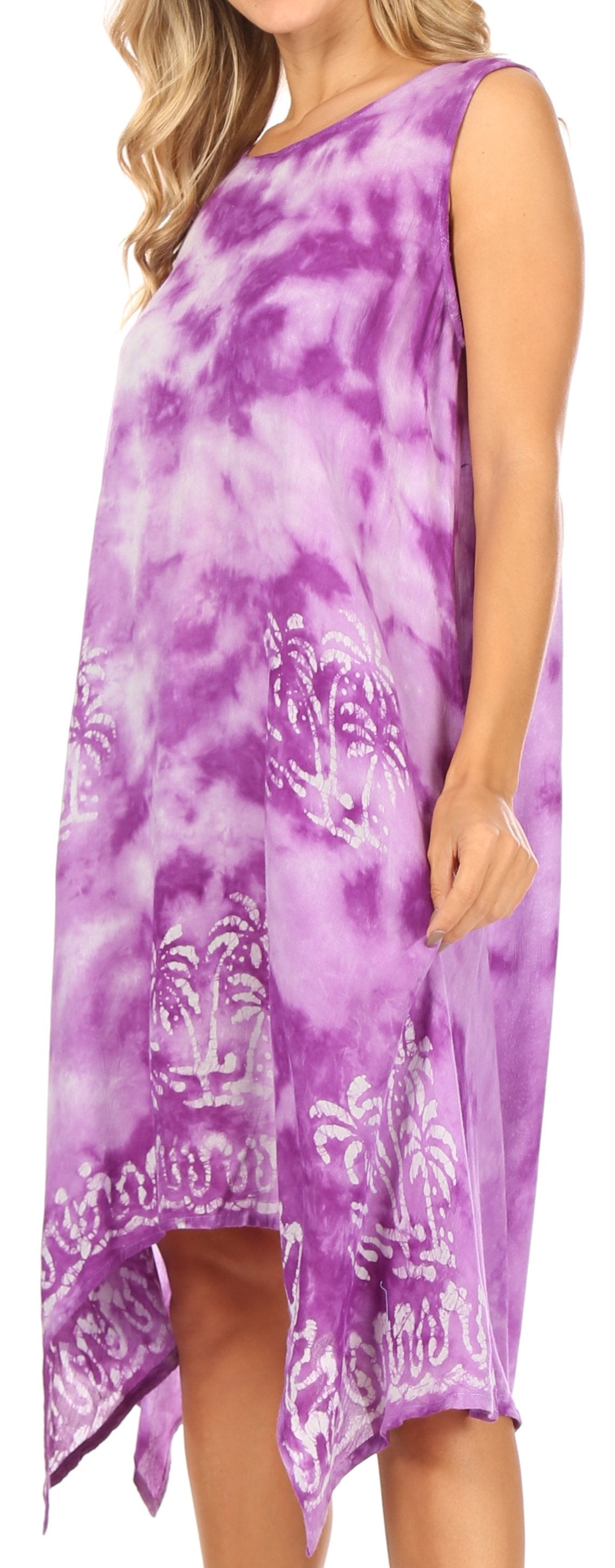 Purple tie-dye dress with a palm tree pattern on a person