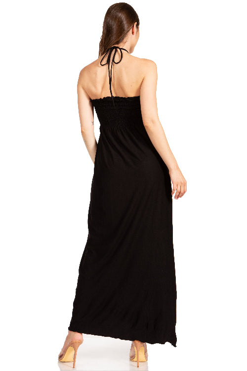 Black strapless gown on a white background