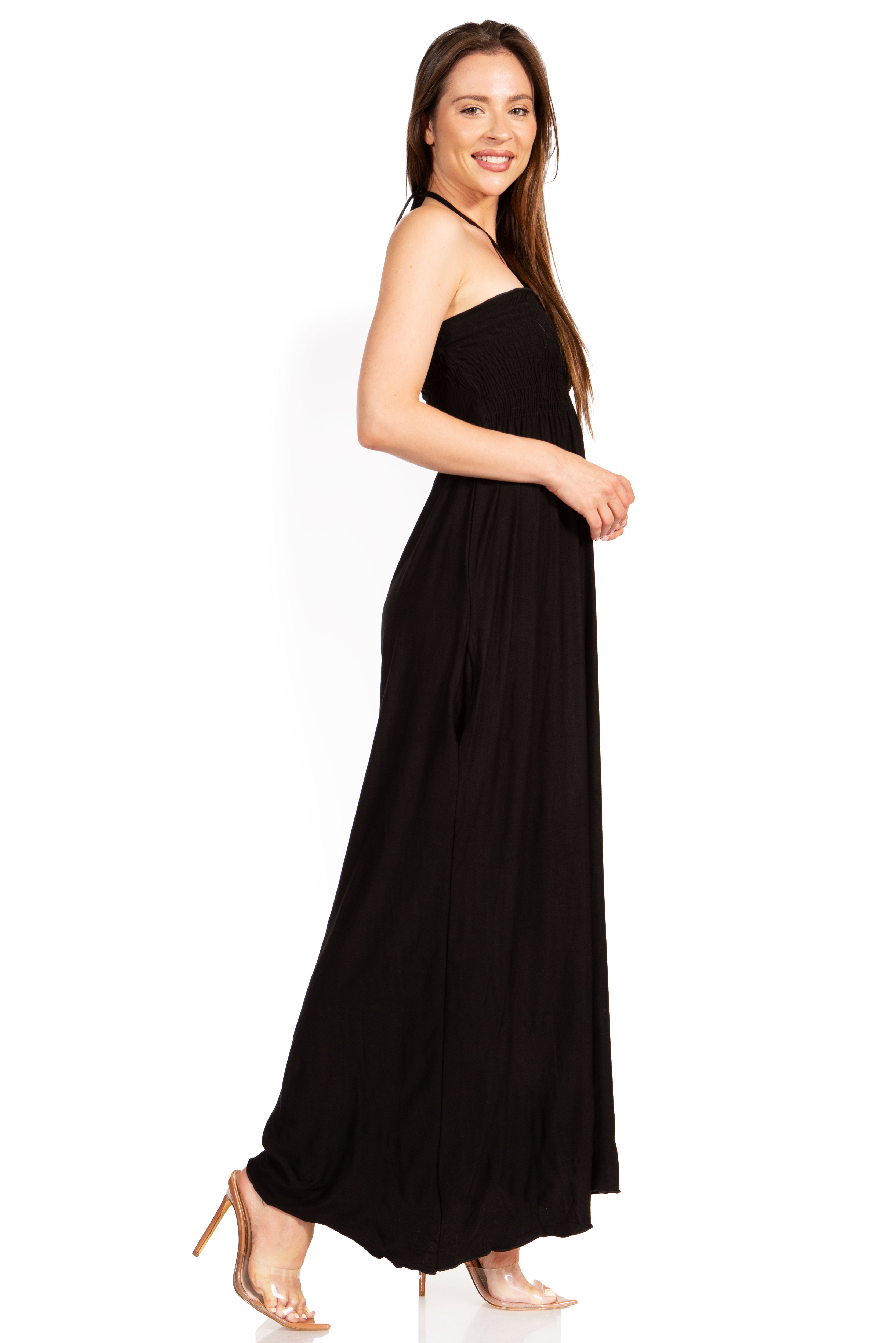 Sakkas - Soft Jersey Feel Solid Color Smocked Bodice String Halter Long Dress