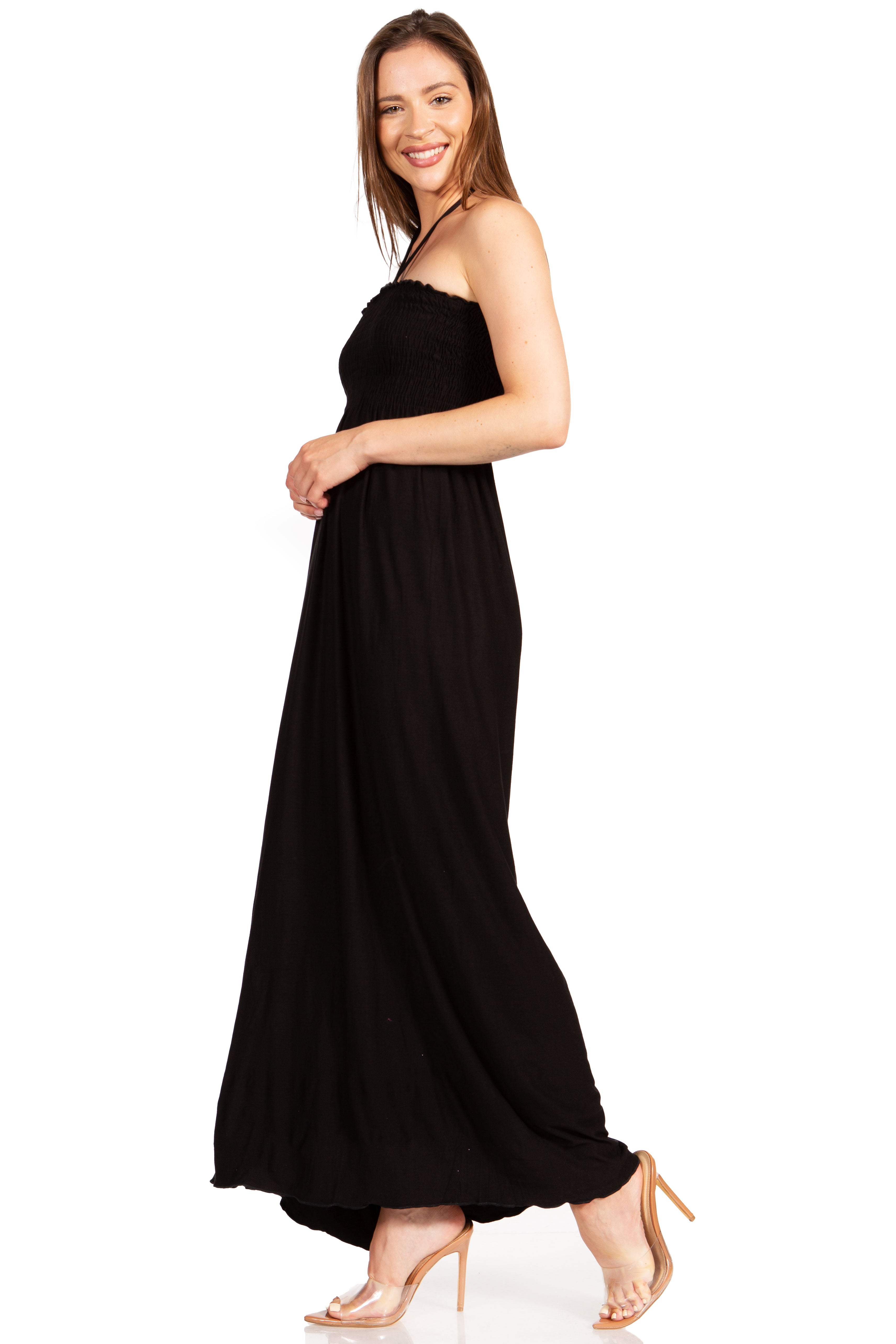 Sakkas - Soft Jersey Feel Solid Color Smocked Bodice String Halter Long Dress