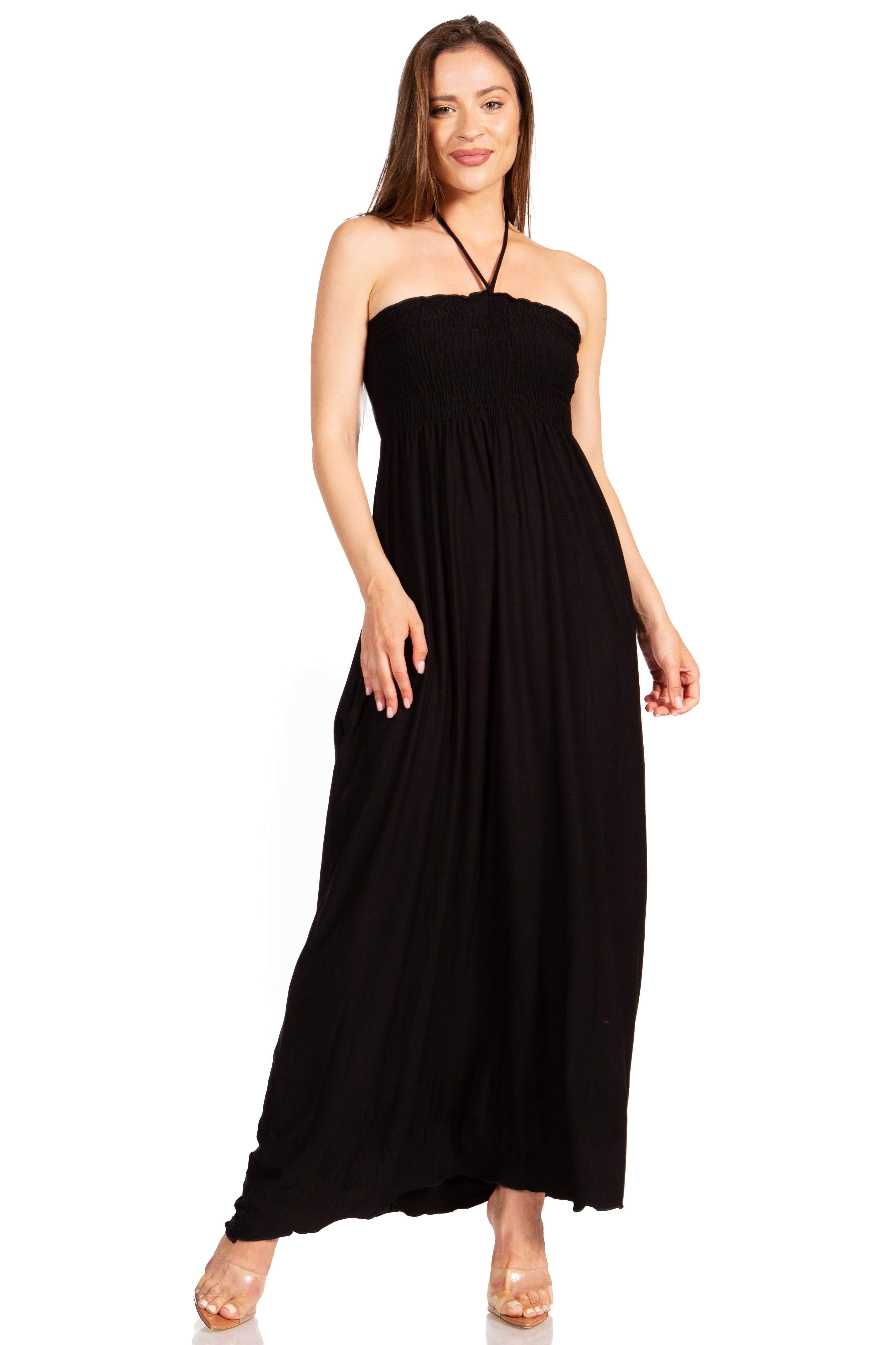 Sakkas - Soft Jersey Feel Solid Color Smocked Bodice String Halter Long Dress