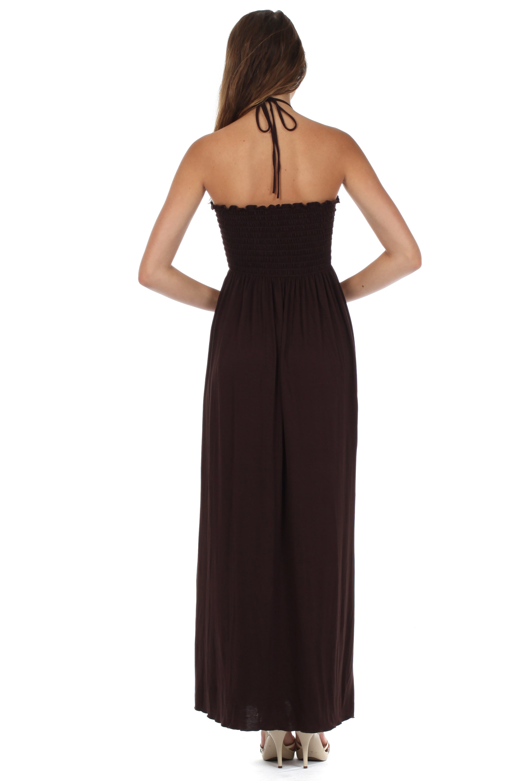 Sakkas - Soft Jersey Feel Solid Color Smocked Bodice String Halter Long Dress
