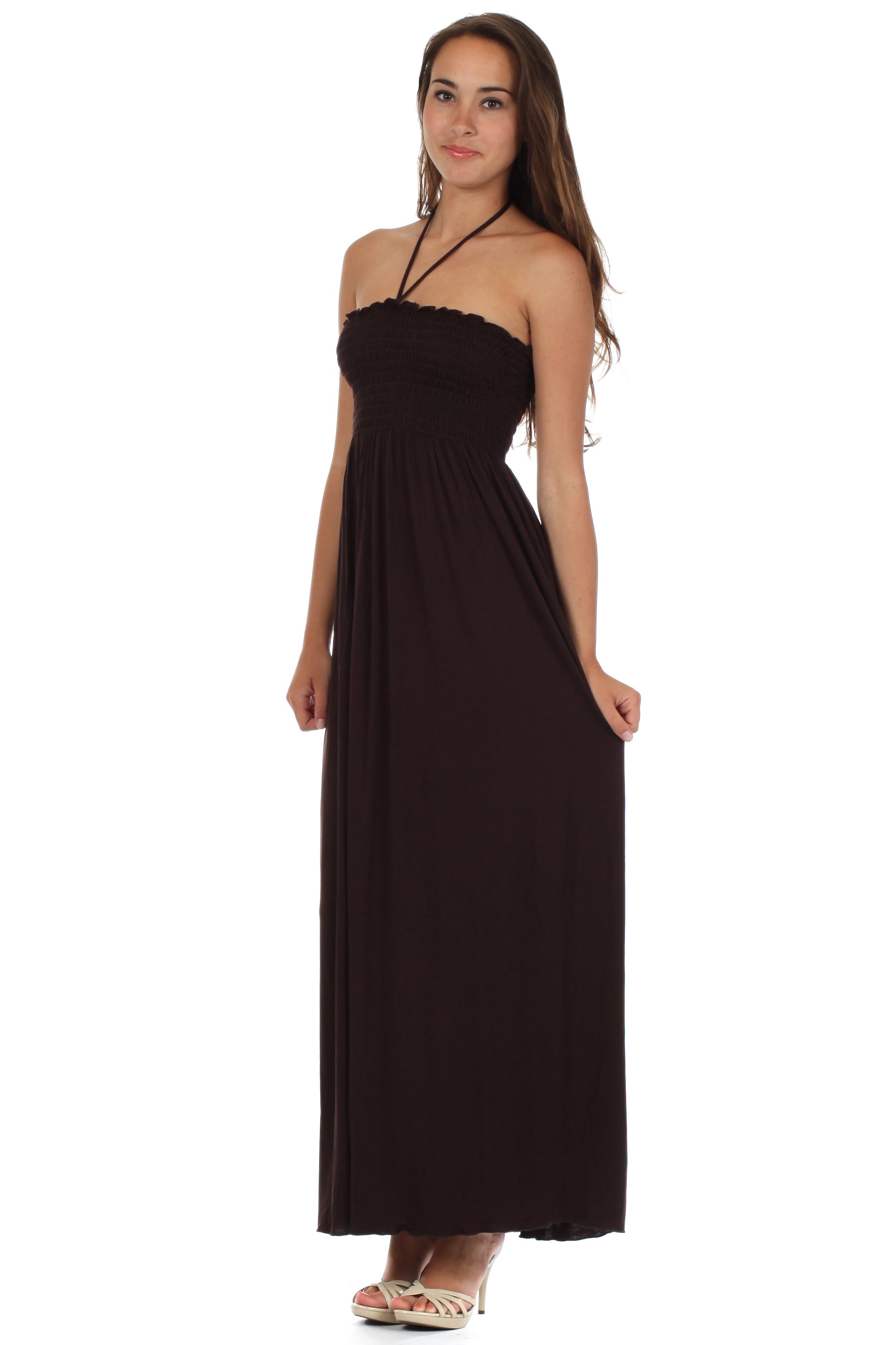 Sakkas - Soft Jersey Feel Solid Color Smocked Bodice String Halter Long Dress