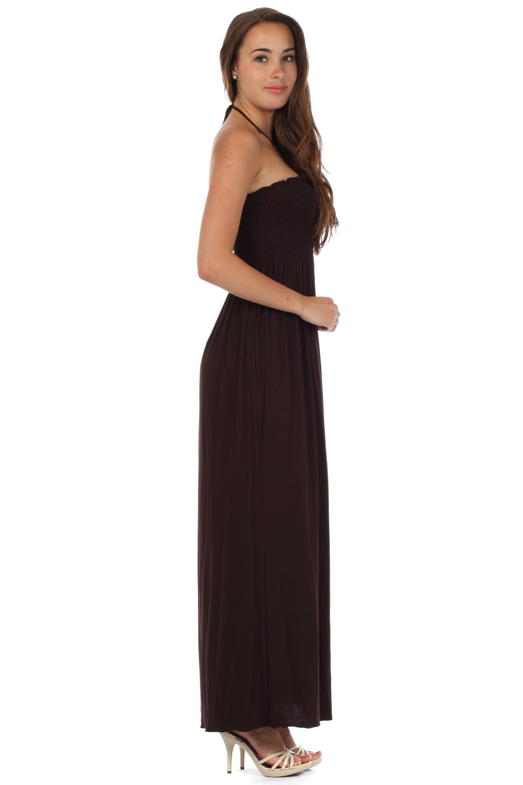 Sakkas - Soft Jersey Feel Solid Color Smocked Bodice String Halter Long Dress