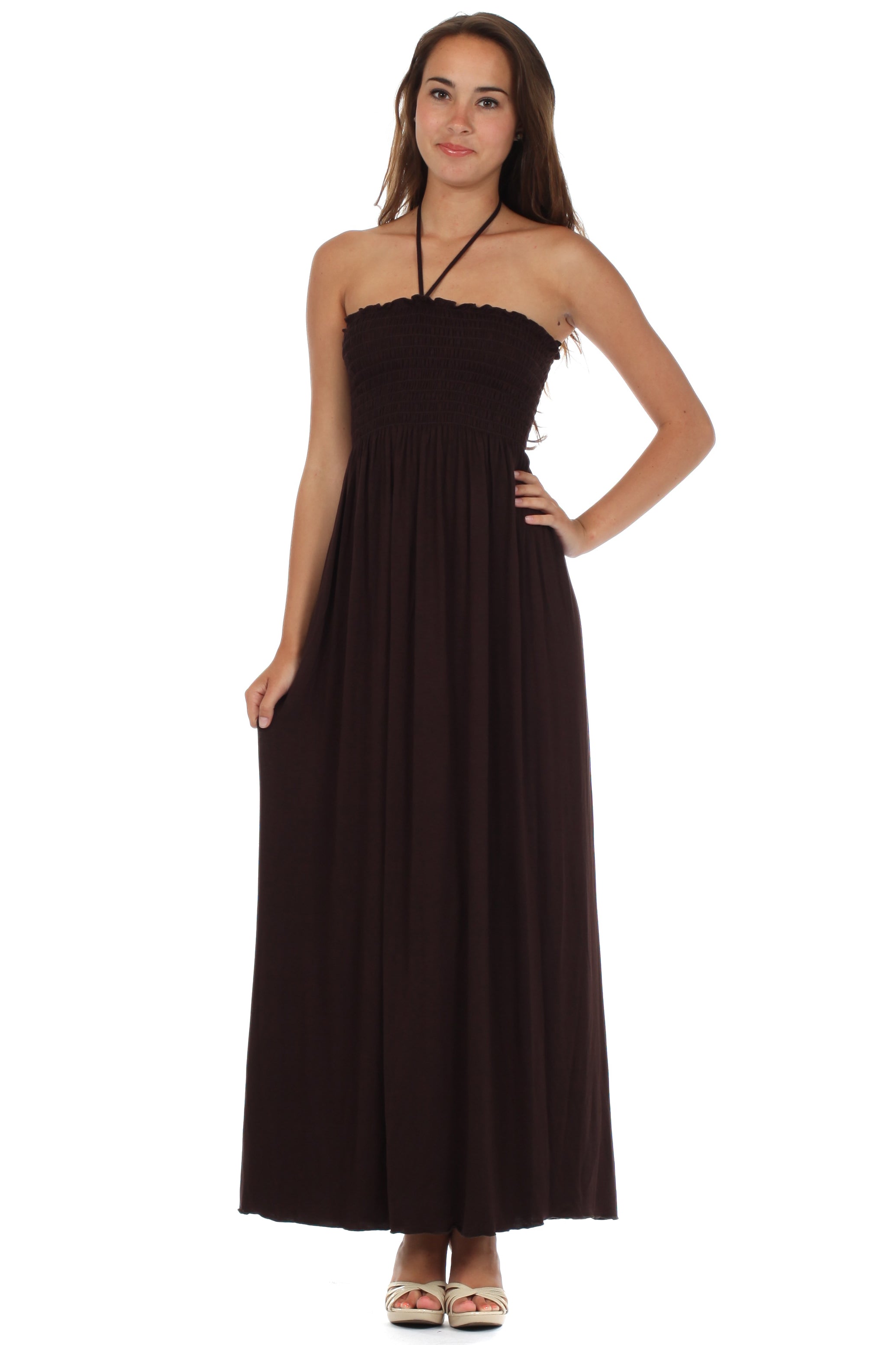 Sakkas - Soft Jersey Feel Solid Color Smocked Bodice String Halter Long Dress
