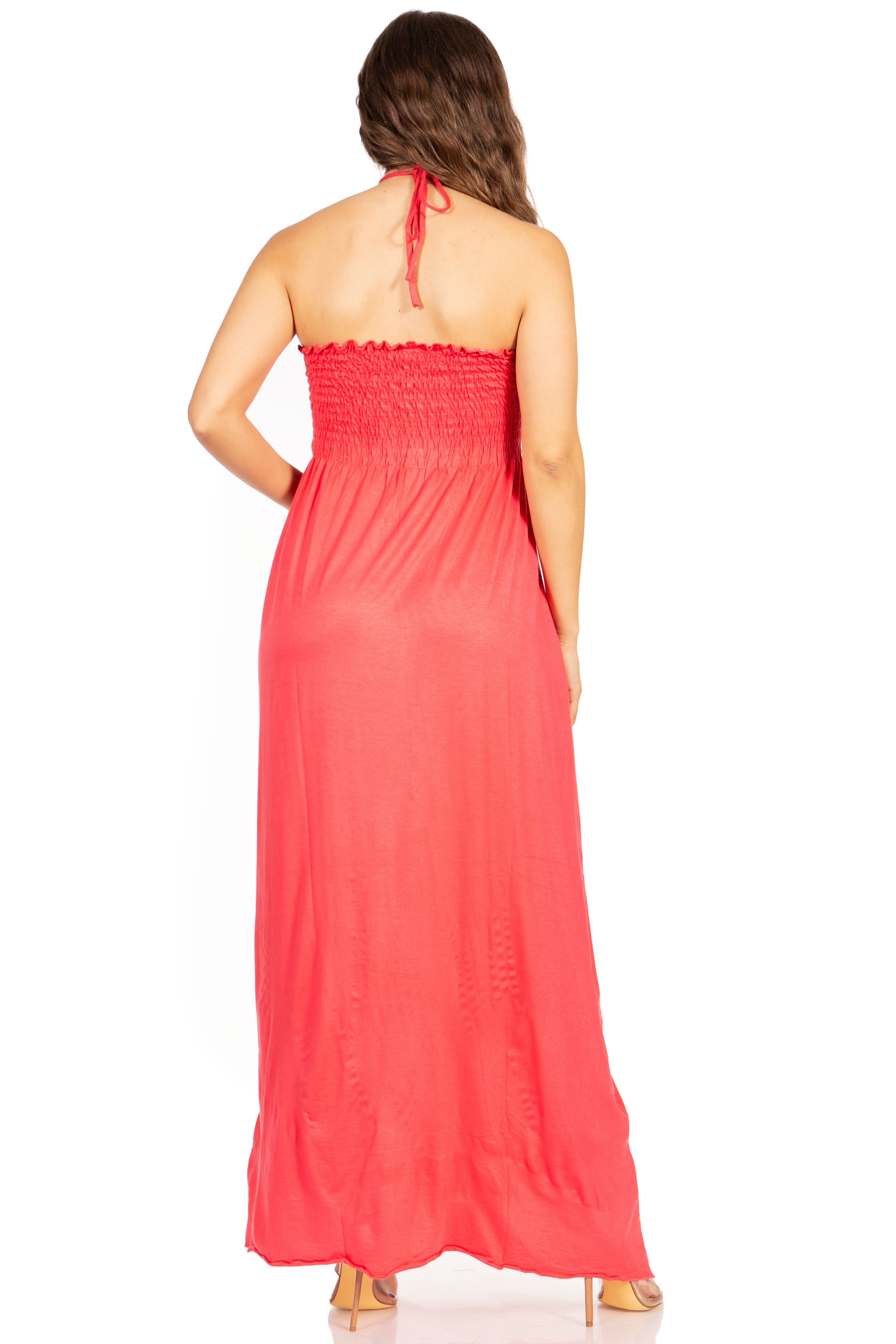Sakkas - Soft Jersey Feel Solid Color Smocked Bodice String Halter Long Dress