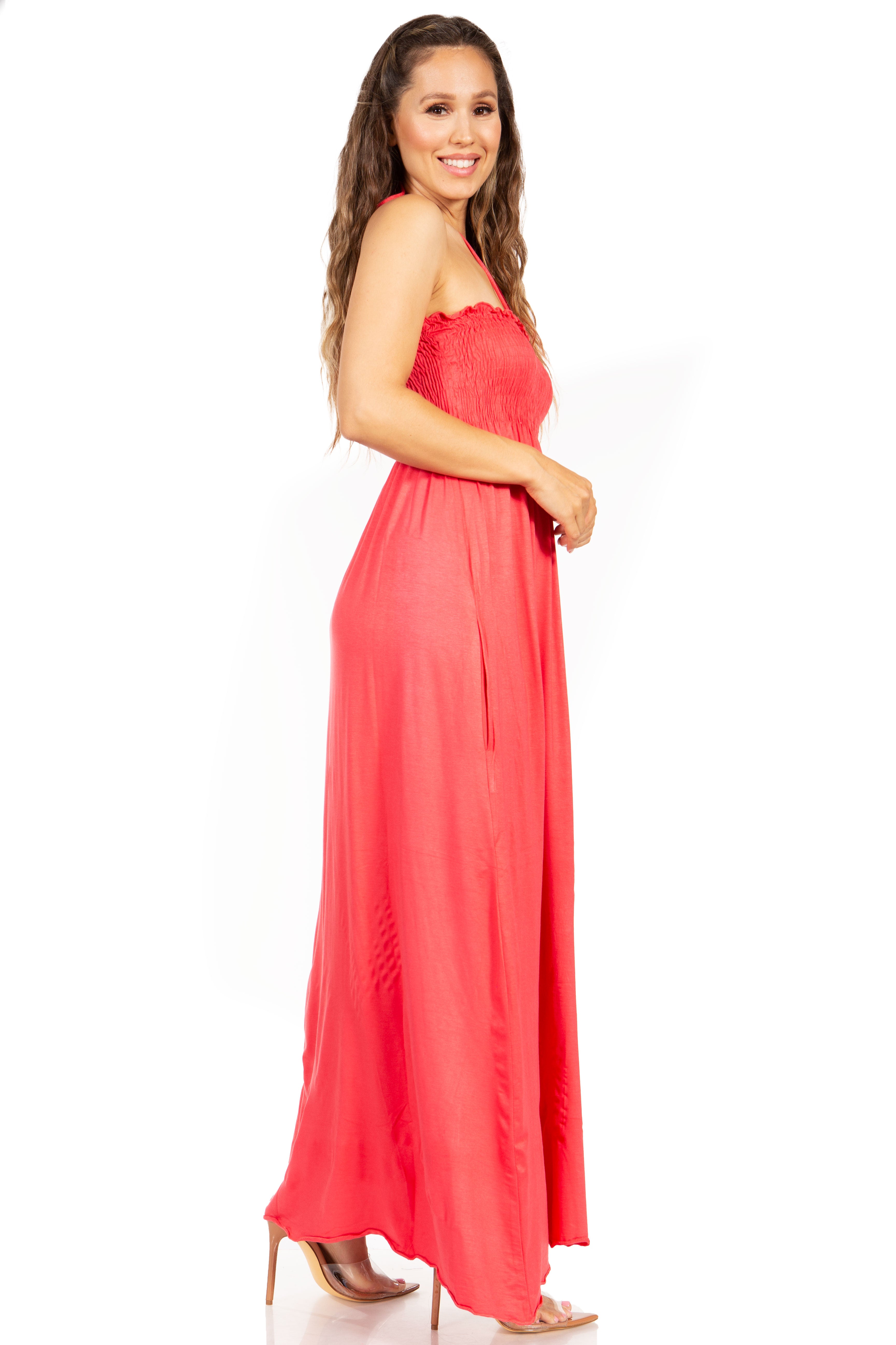 Sakkas - Soft Jersey Feel Solid Color Smocked Bodice String Halter Long Dress