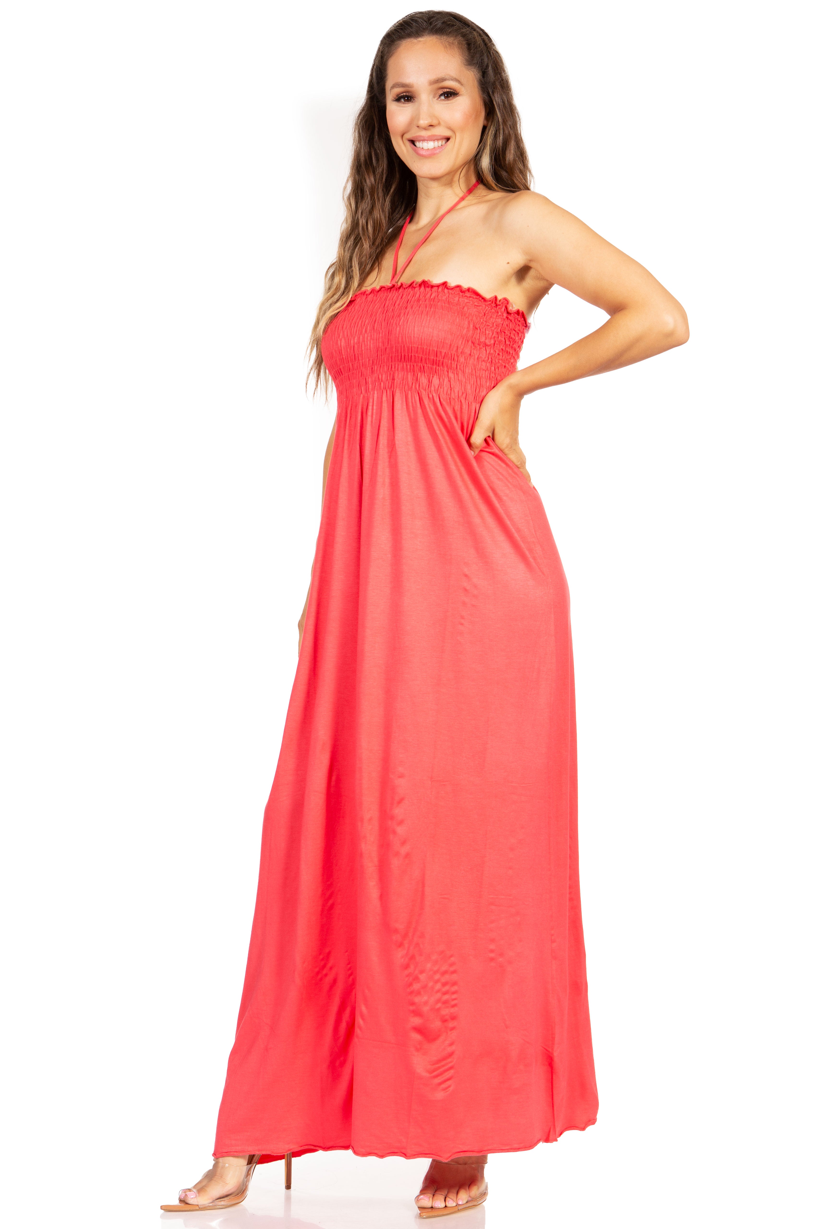 Sakkas - Soft Jersey Feel Solid Color Smocked Bodice String Halter Long Dress