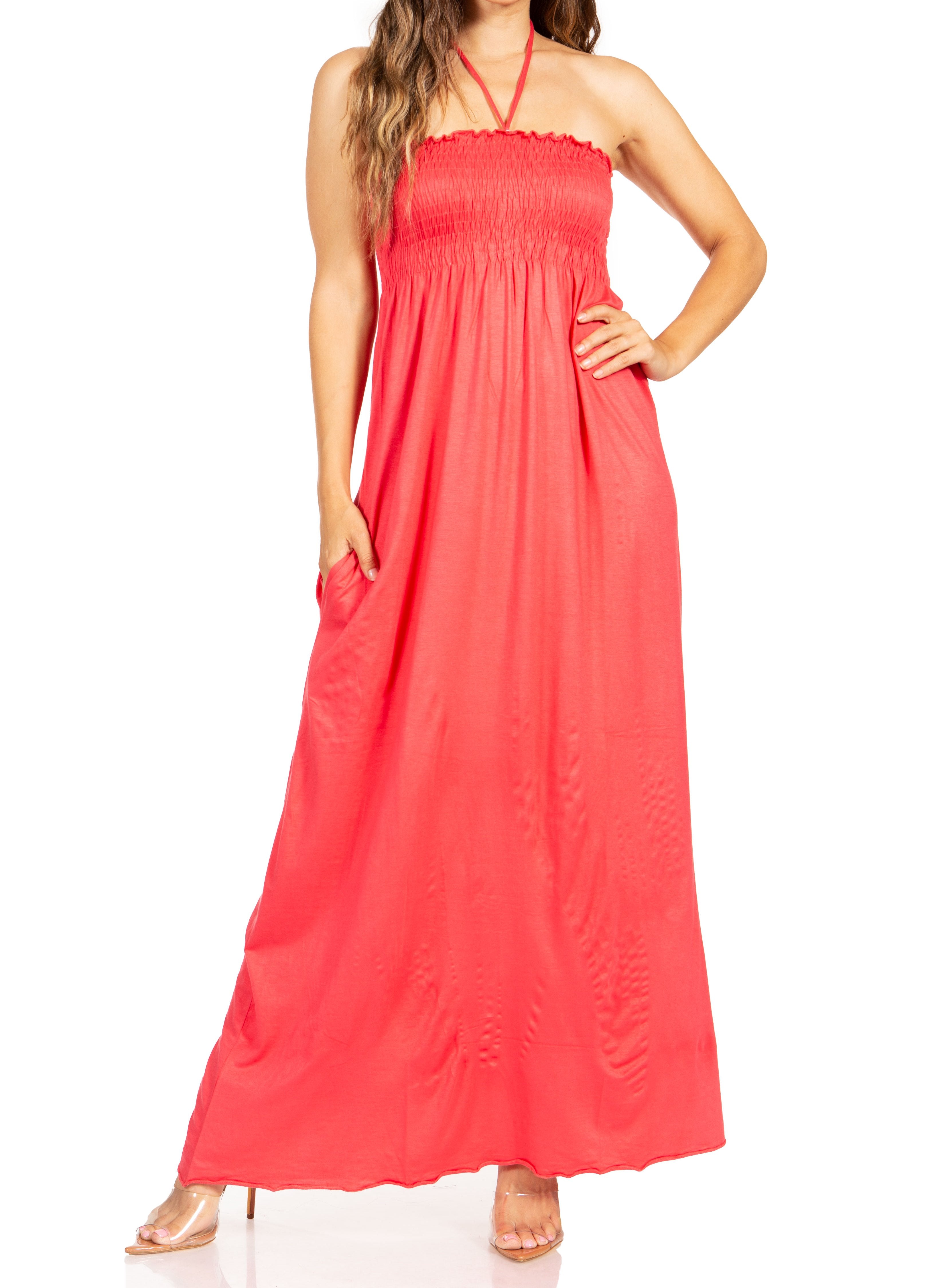 Sakkas - Soft Jersey Feel Solid Color Smocked Bodice String Halter Long Dress