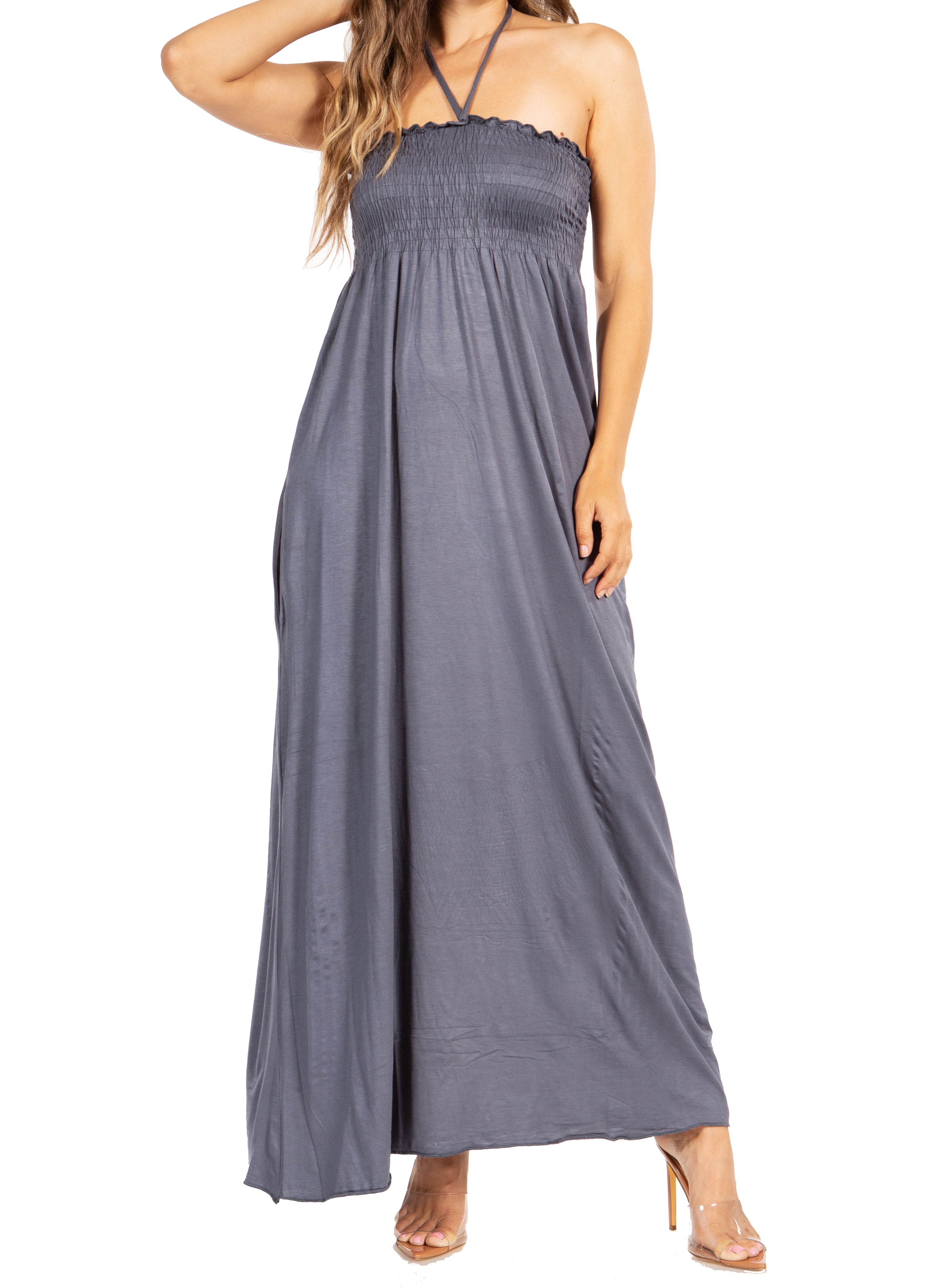 Sakkas - Soft Jersey Feel Solid Color Smocked Bodice String Halter Long Dress