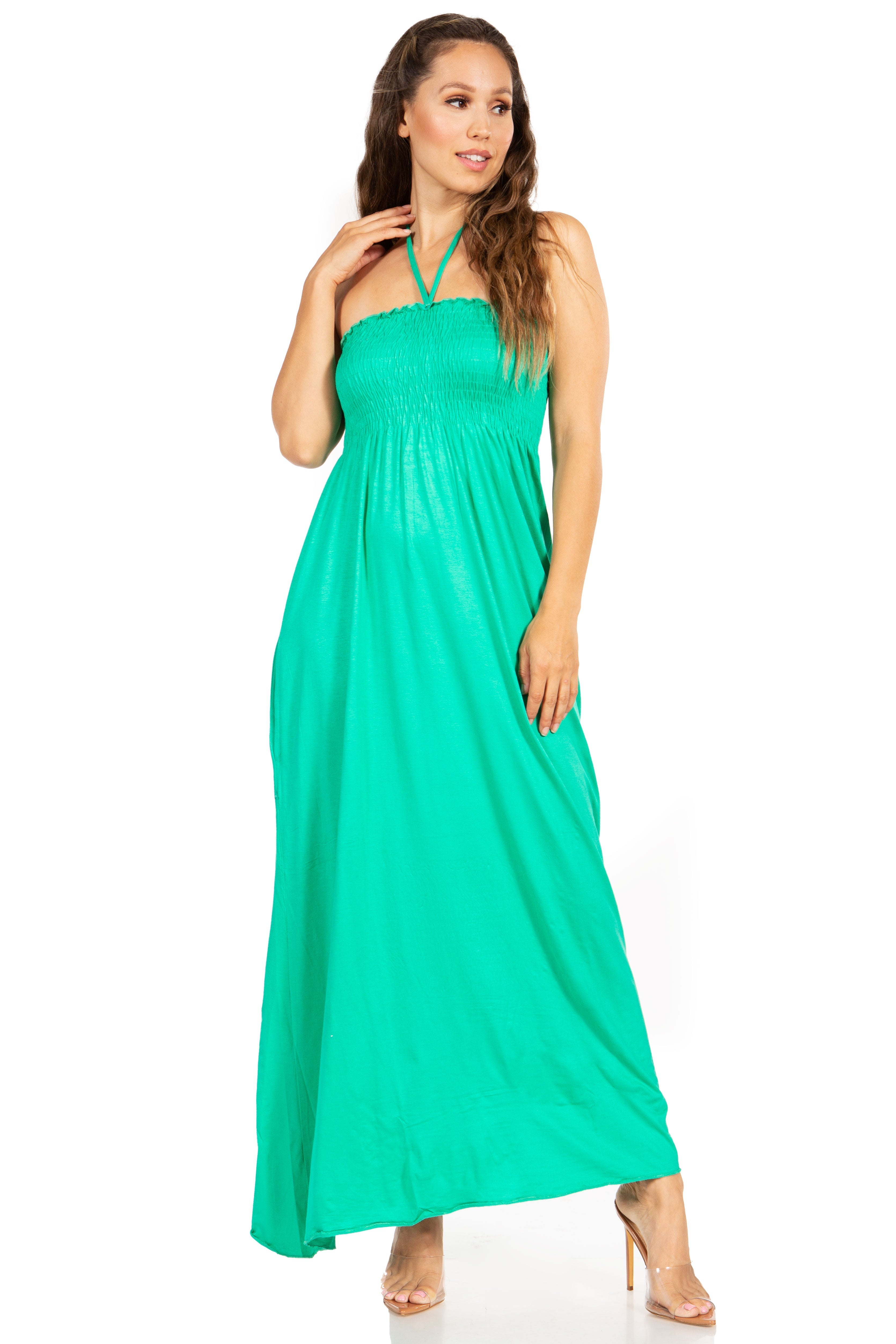 Sakkas - Soft Jersey Feel Solid Color Smocked Bodice String Halter Long Dress