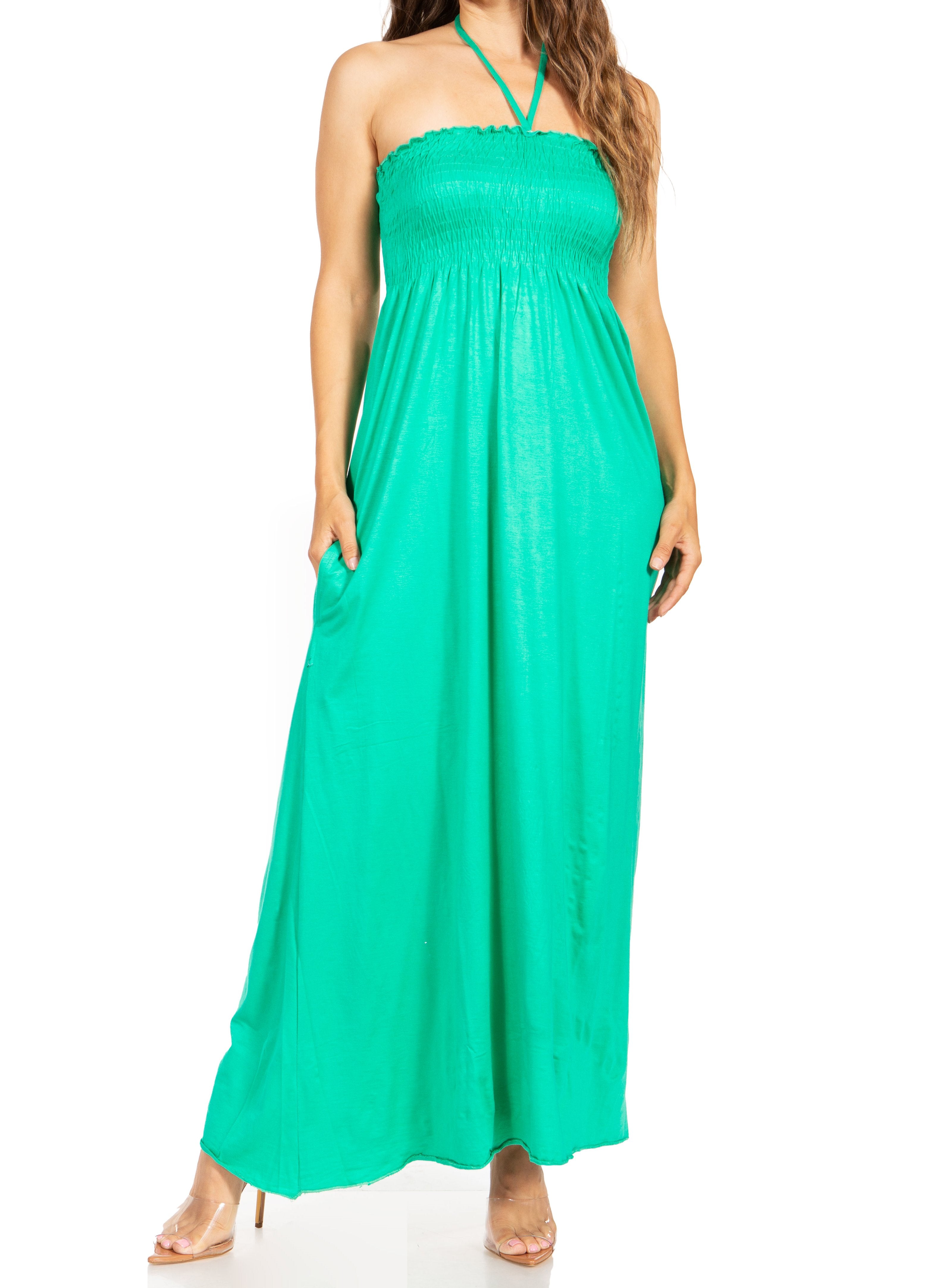 Sakkas - Soft Jersey Feel Solid Color Smocked Bodice String Halter Long Dress