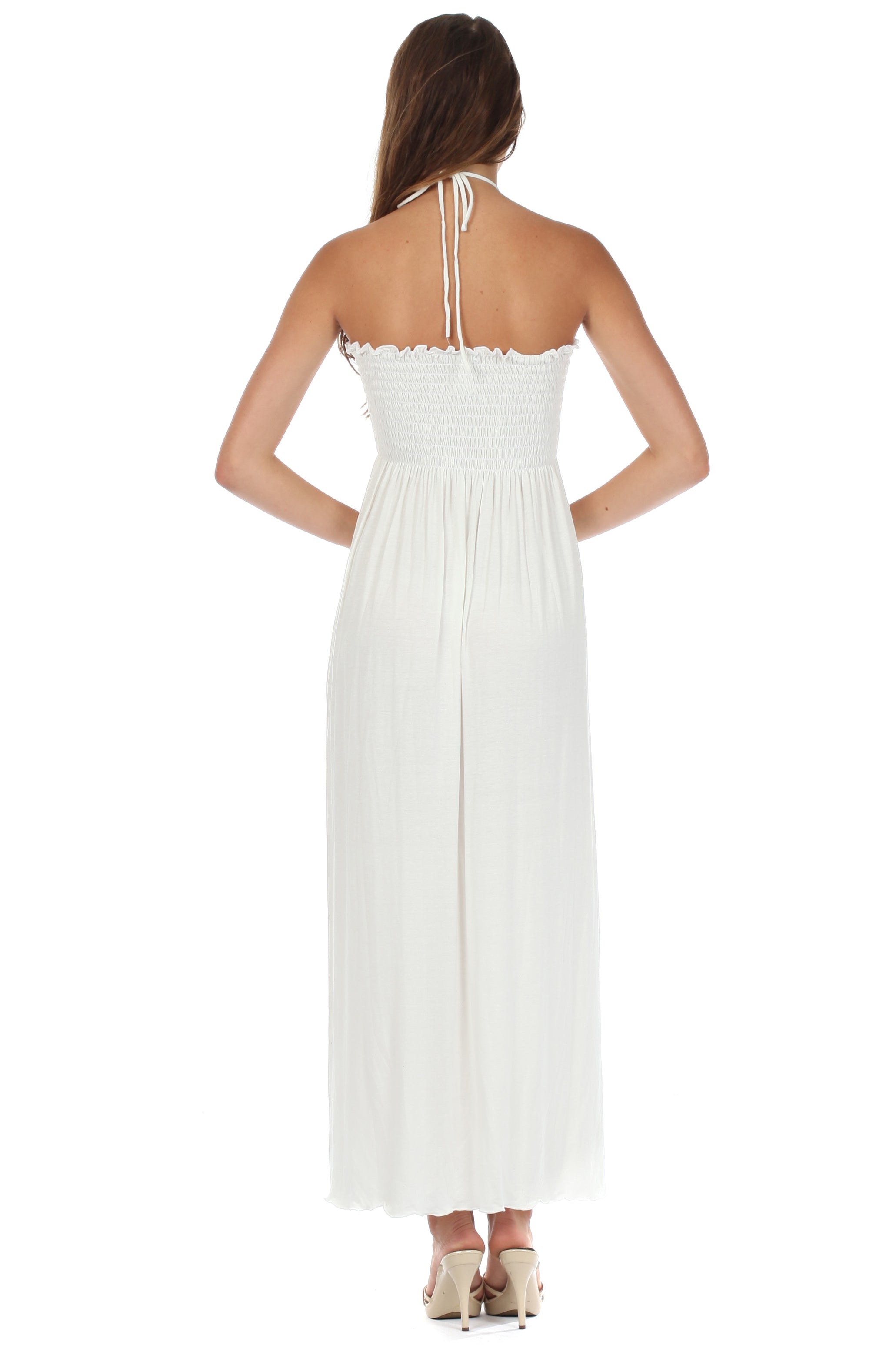 Sakkas - Soft Jersey Feel Solid Color Smocked Bodice String Halter Long Dress