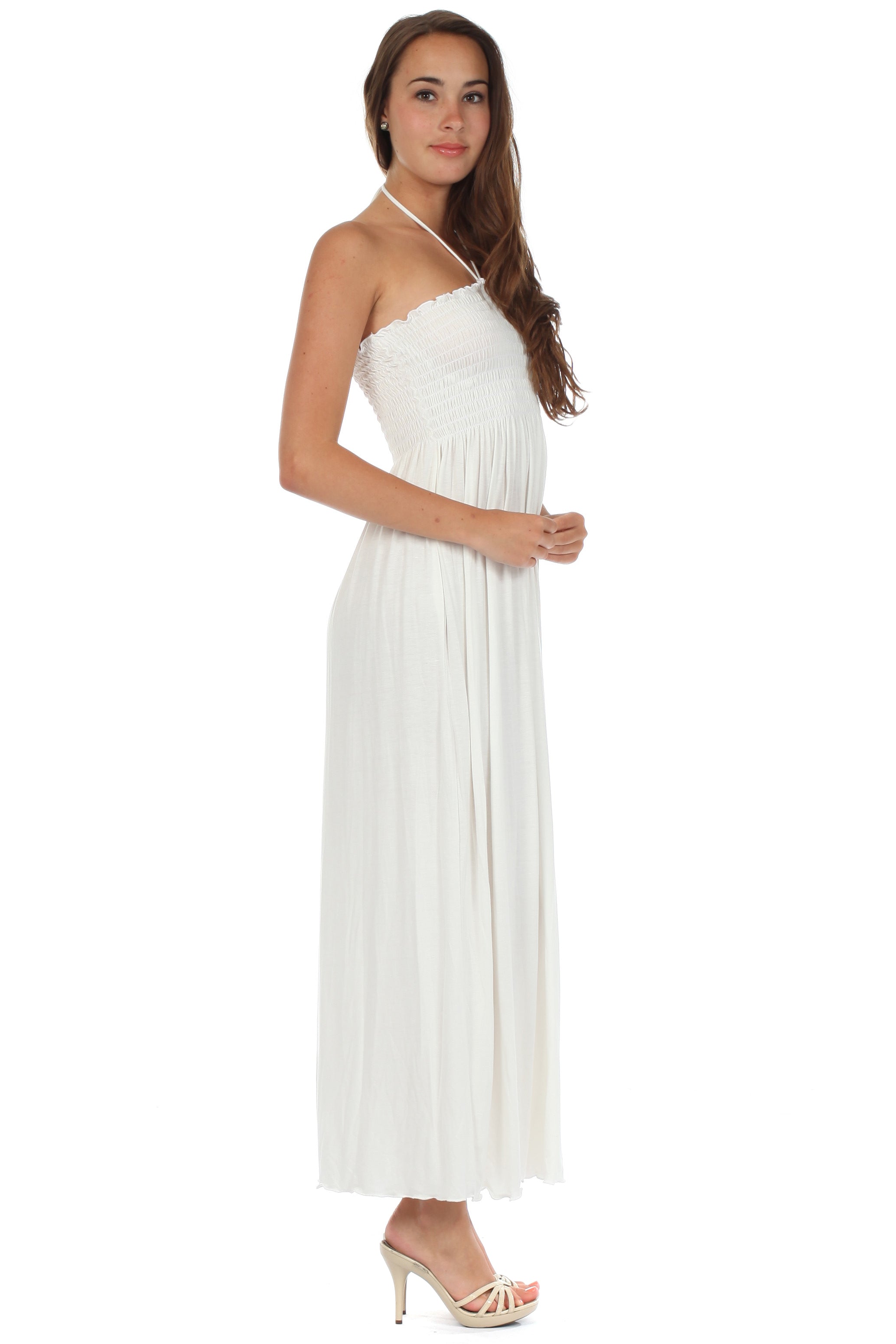 Sakkas - Soft Jersey Feel Solid Color Smocked Bodice String Halter Long Dress