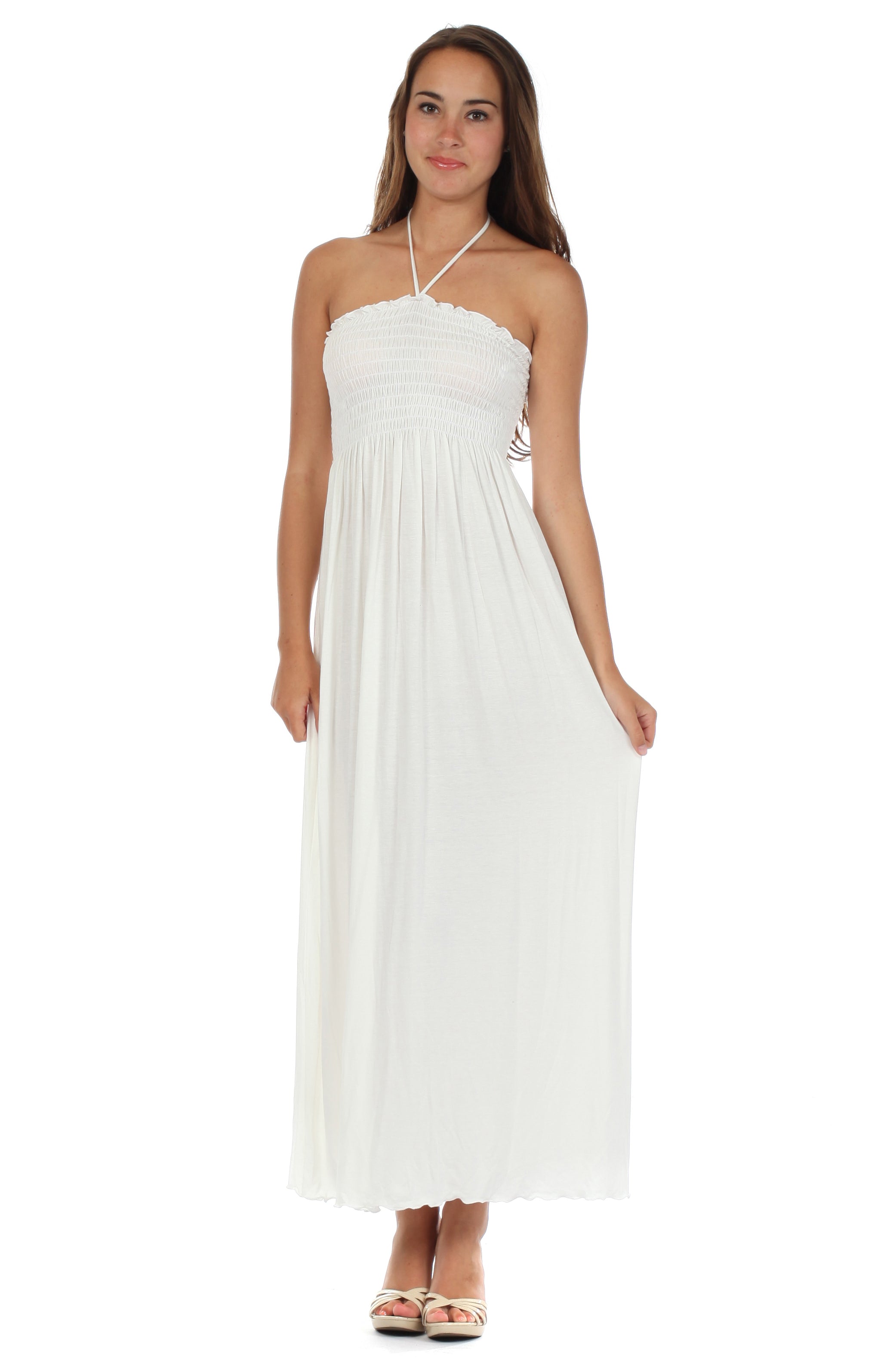 Sakkas - Soft Jersey Feel Solid Color Smocked Bodice String Halter Long Dress