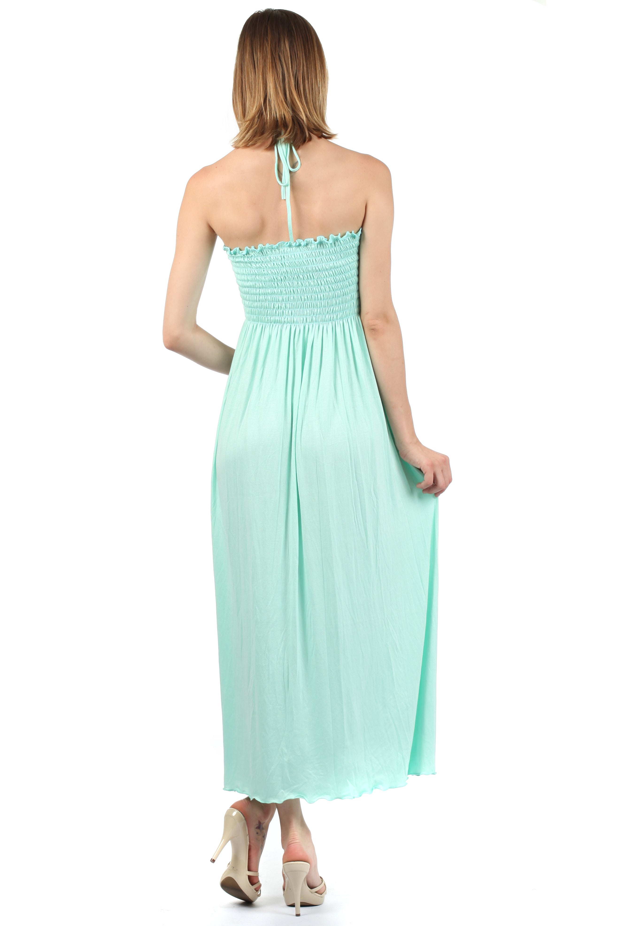 Sakkas - Soft Jersey Feel Solid Color Smocked Bodice String Halter Long Dress