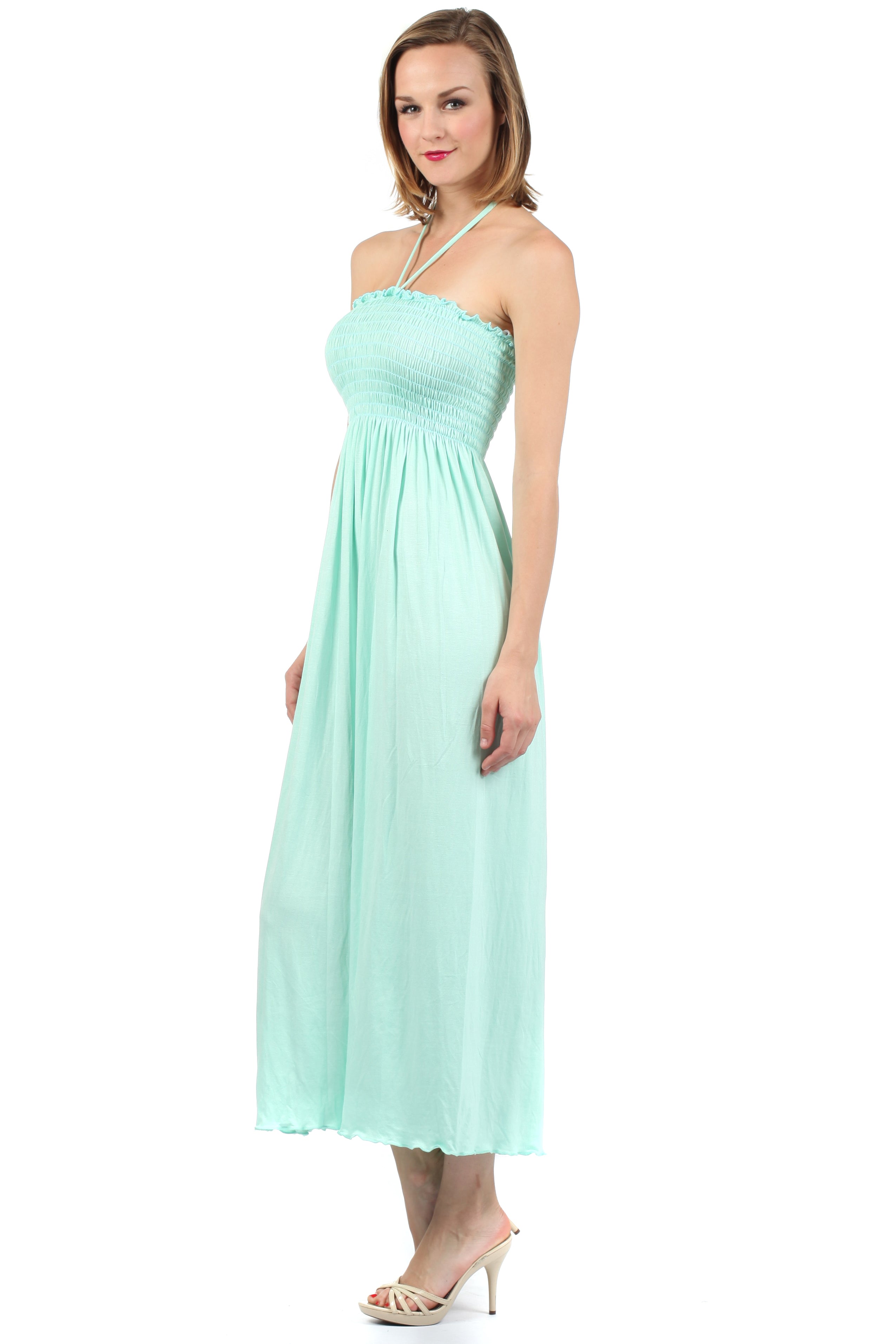 Sakkas - Soft Jersey Feel Solid Color Smocked Bodice String Halter Long Dress