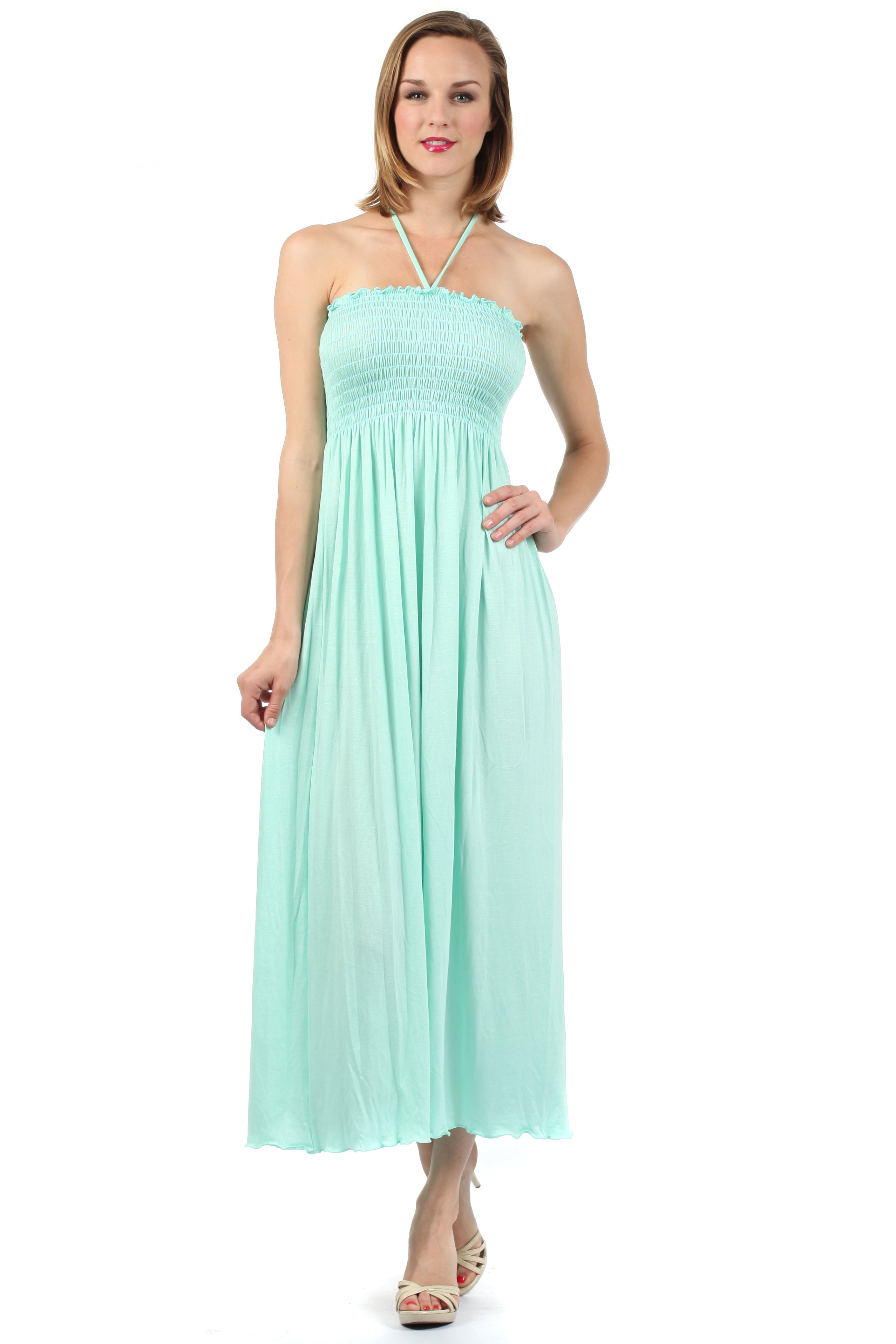 Sakkas - Soft Jersey Feel Solid Color Smocked Bodice String Halter Long Dress