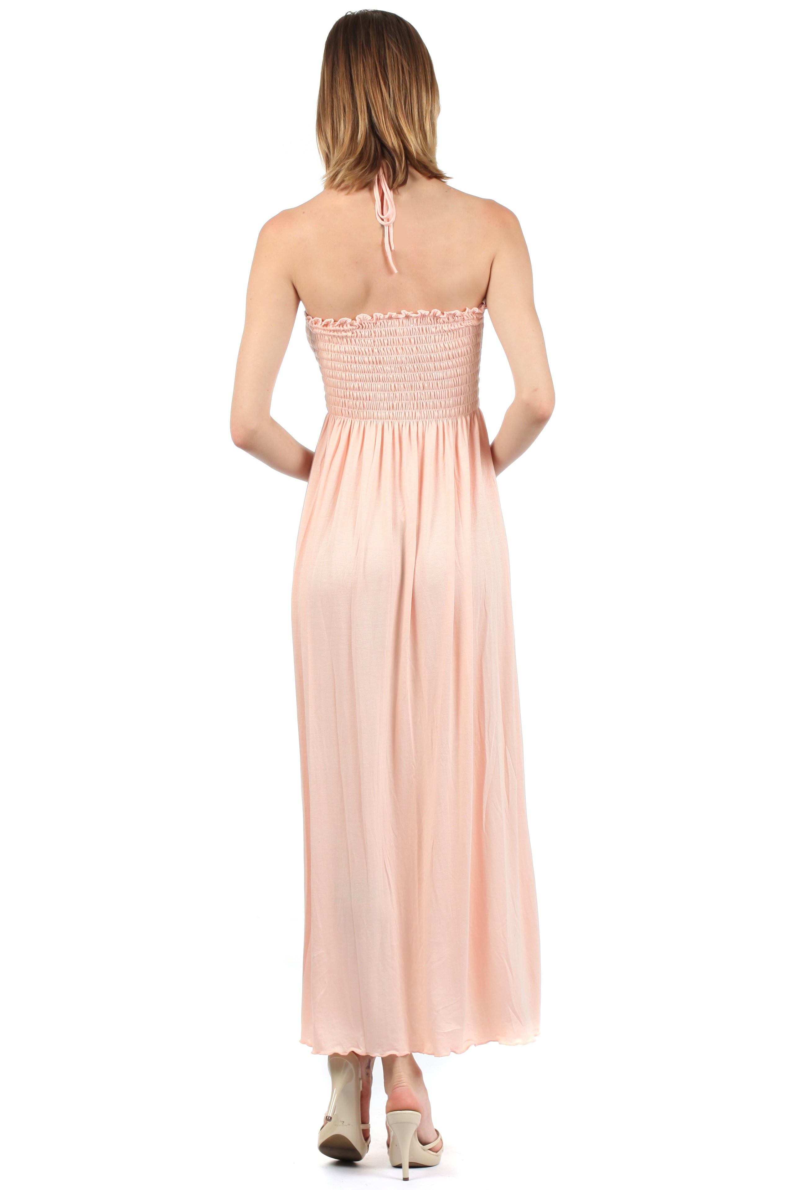 Sakkas - Soft Jersey Feel Solid Color Smocked Bodice String Halter Long Dress