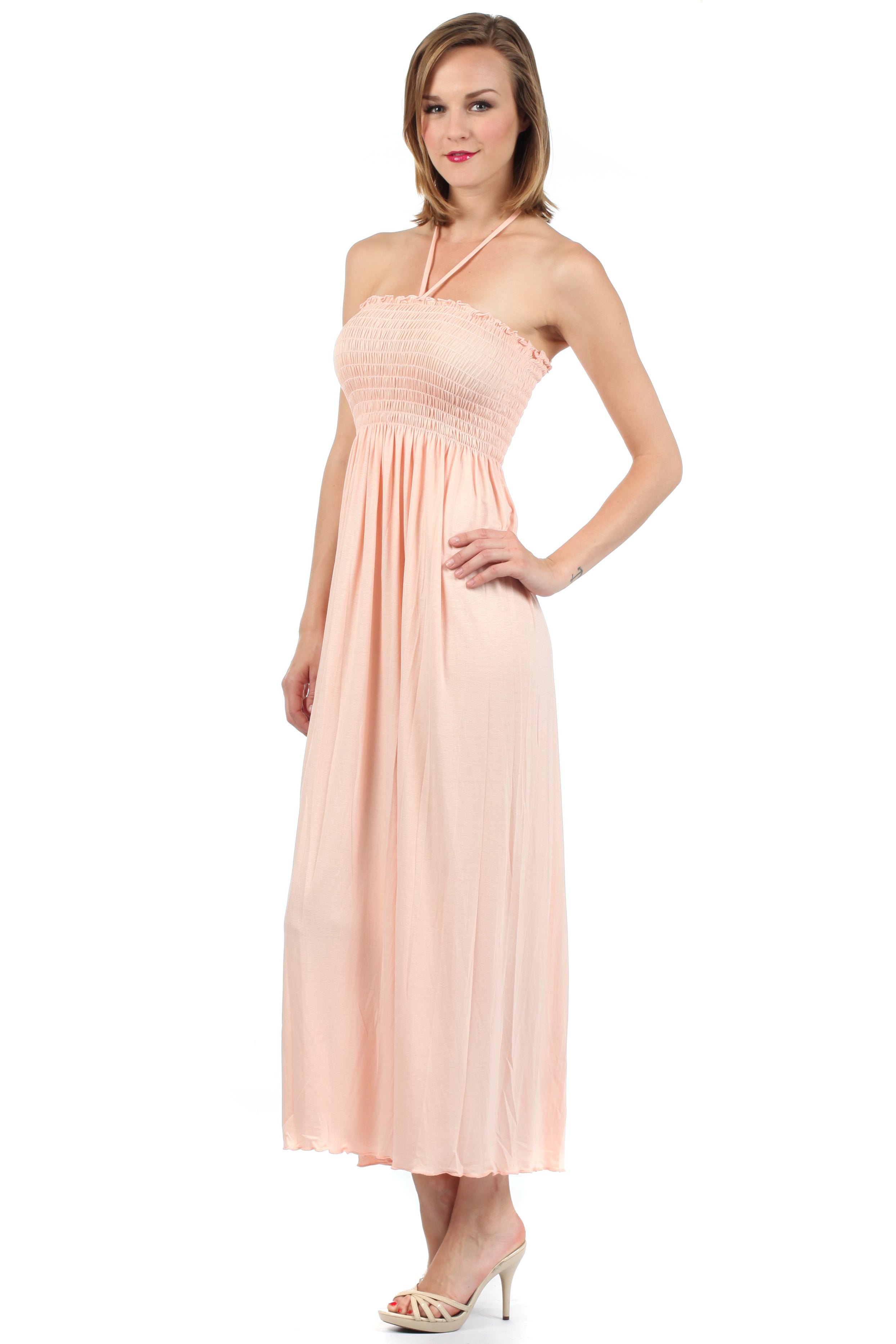 Sakkas - Soft Jersey Feel Solid Color Smocked Bodice String Halter Long Dress