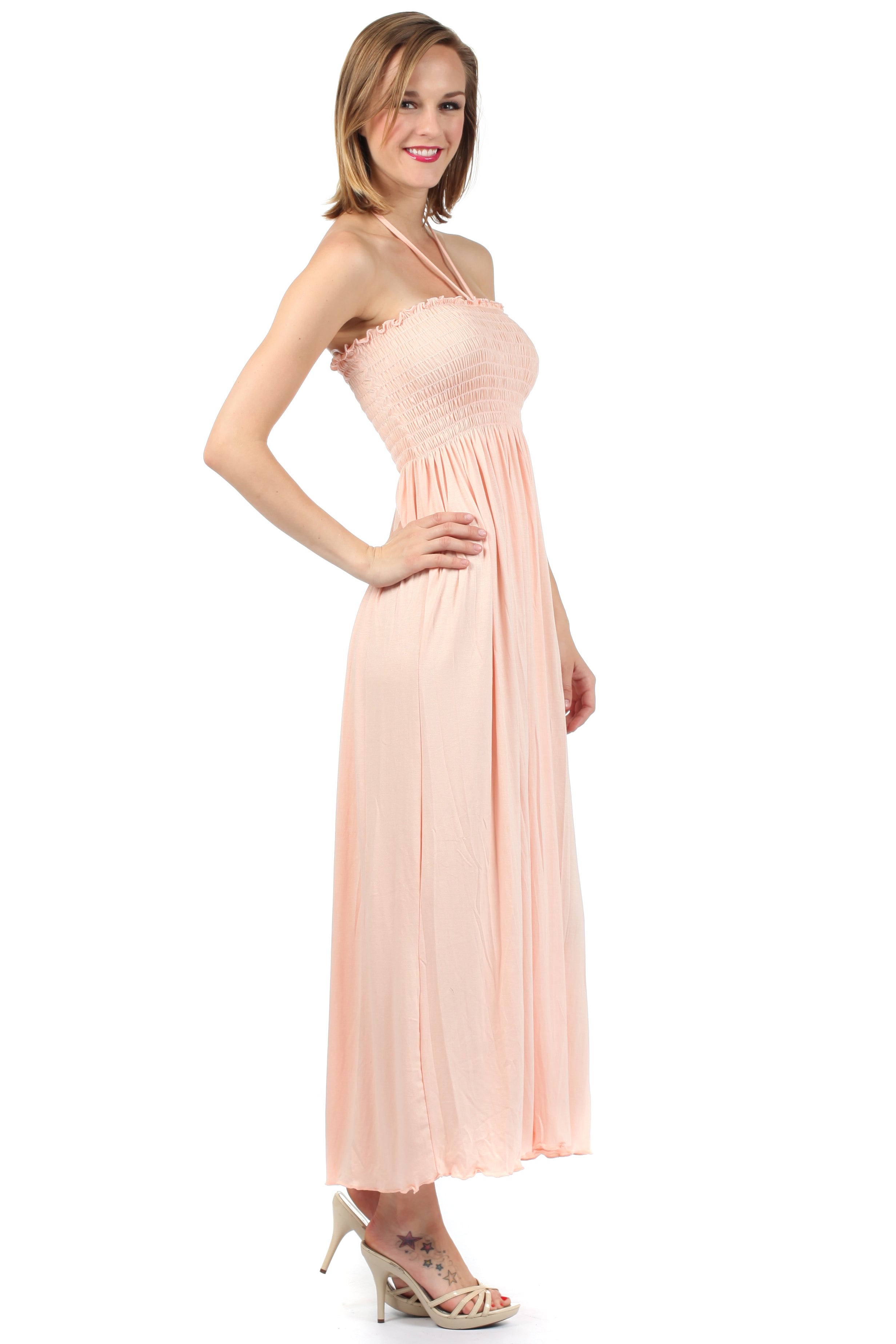 Sakkas - Soft Jersey Feel Solid Color Smocked Bodice String Halter Long Dress