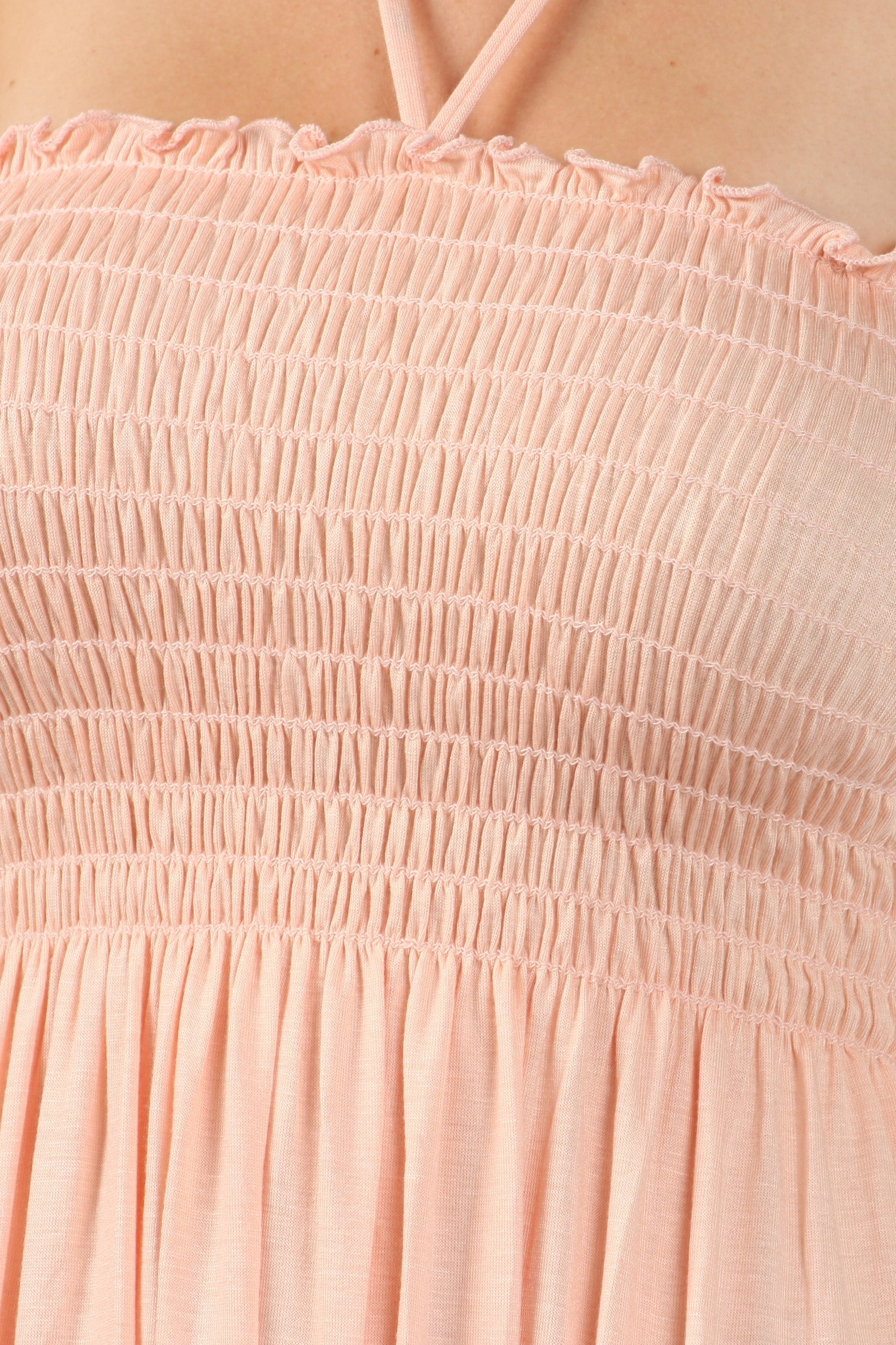 Sakkas - Soft Jersey Feel Solid Color Smocked Bodice String Halter Long Dress
