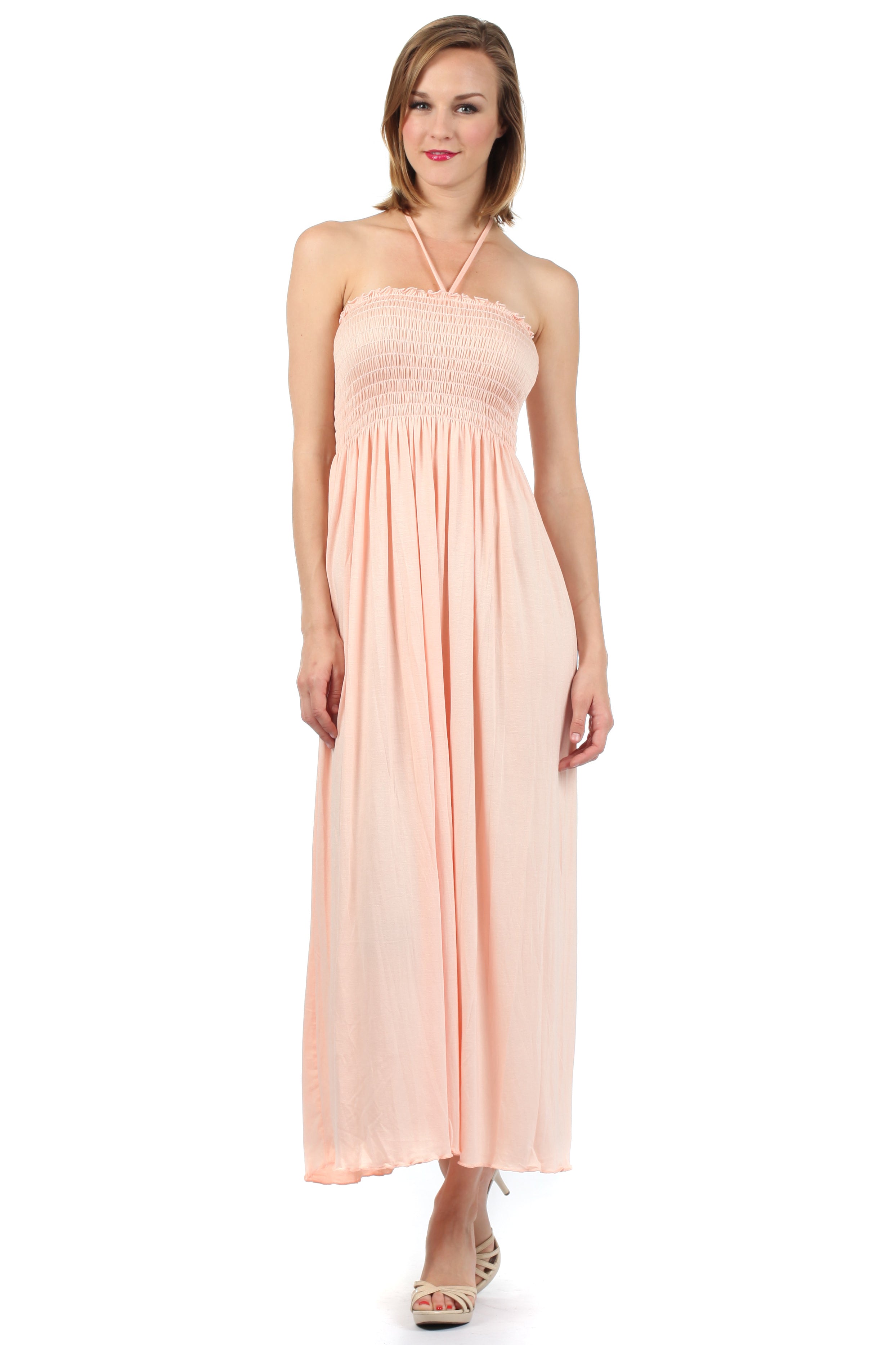 Sakkas - Soft Jersey Feel Solid Color Smocked Bodice String Halter Long Dress