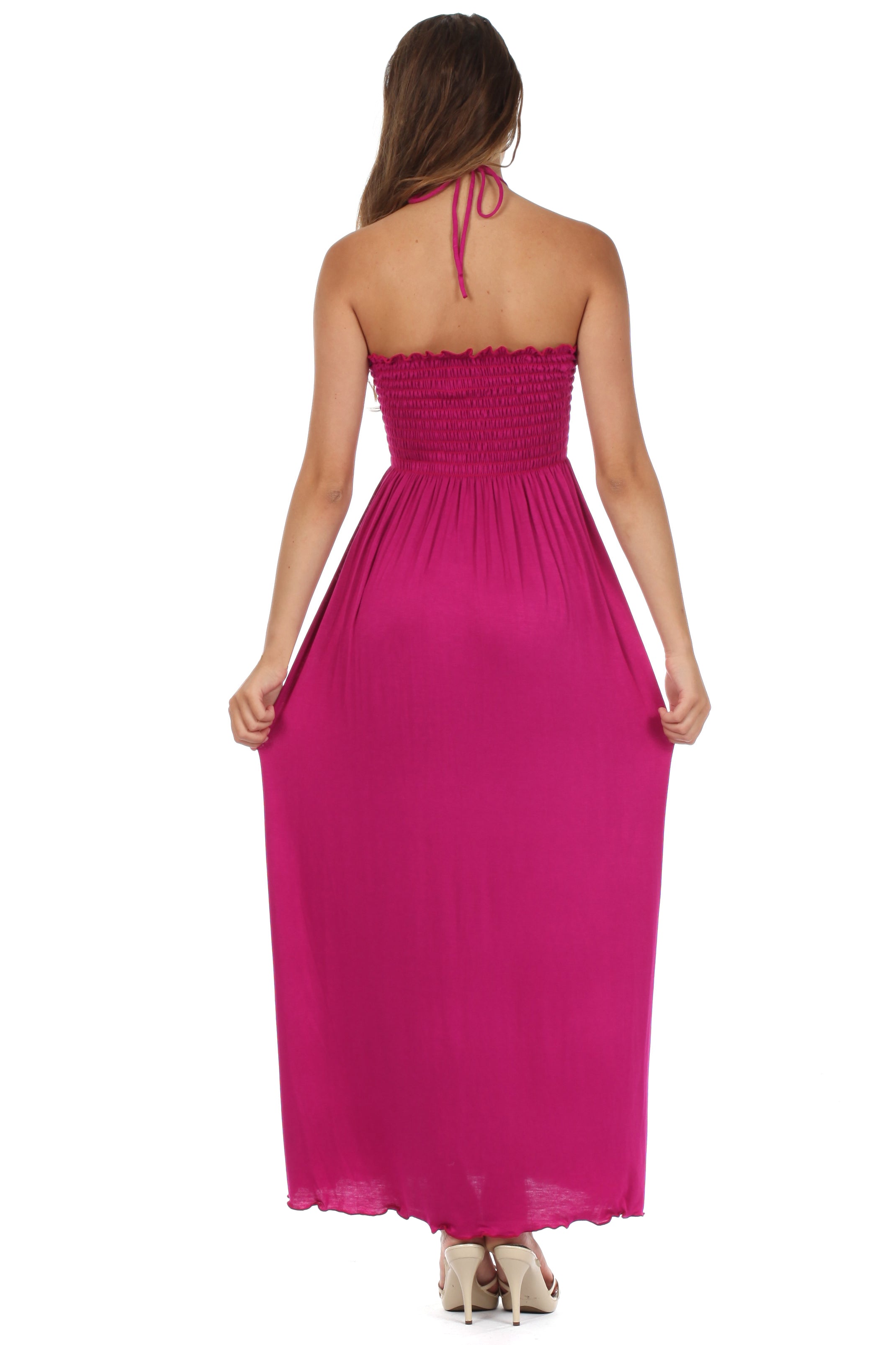 Sakkas - Soft Jersey Feel Solid Color Smocked Bodice String Halter Long Dress