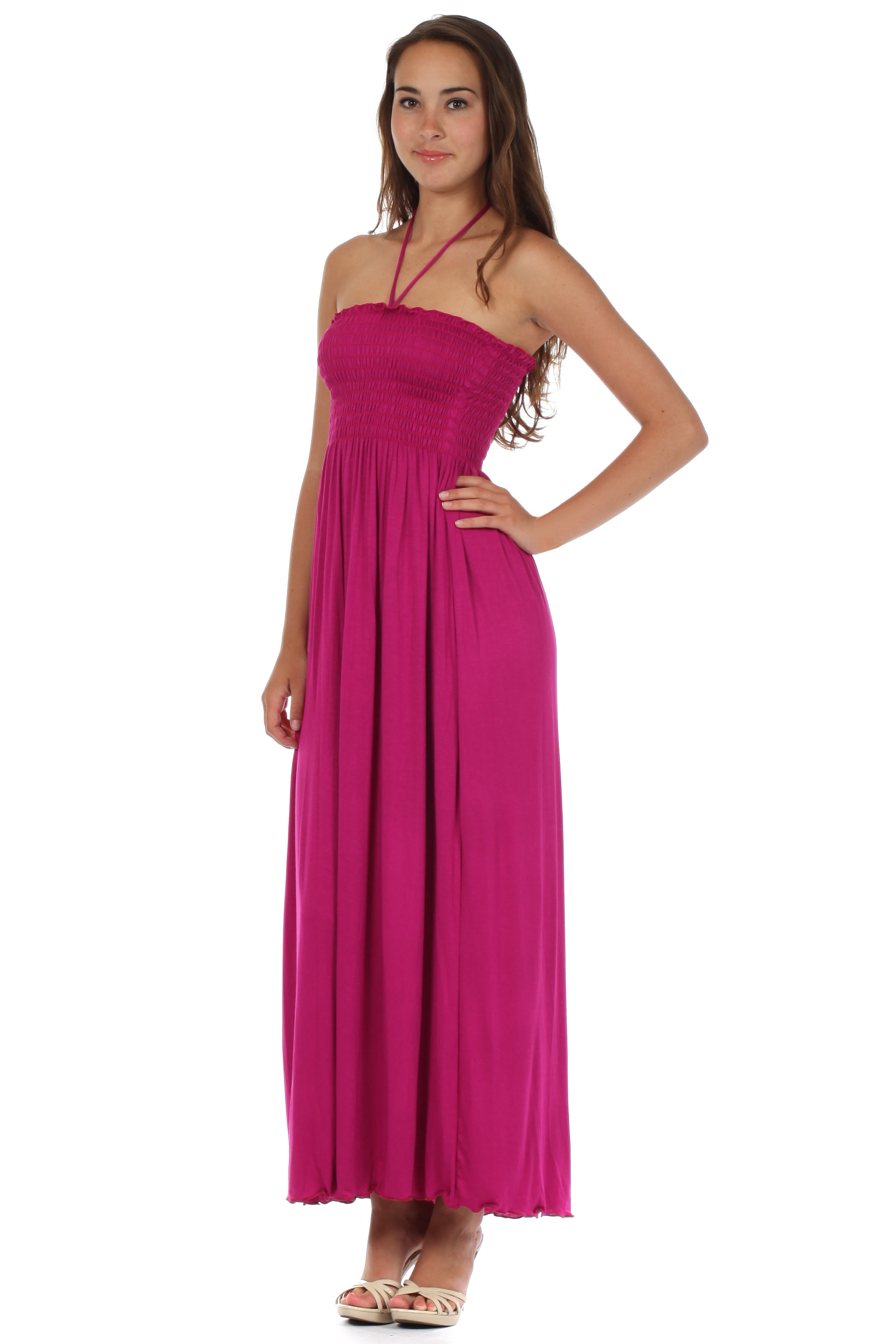 Sakkas - Soft Jersey Feel Solid Color Smocked Bodice String Halter Long Dress