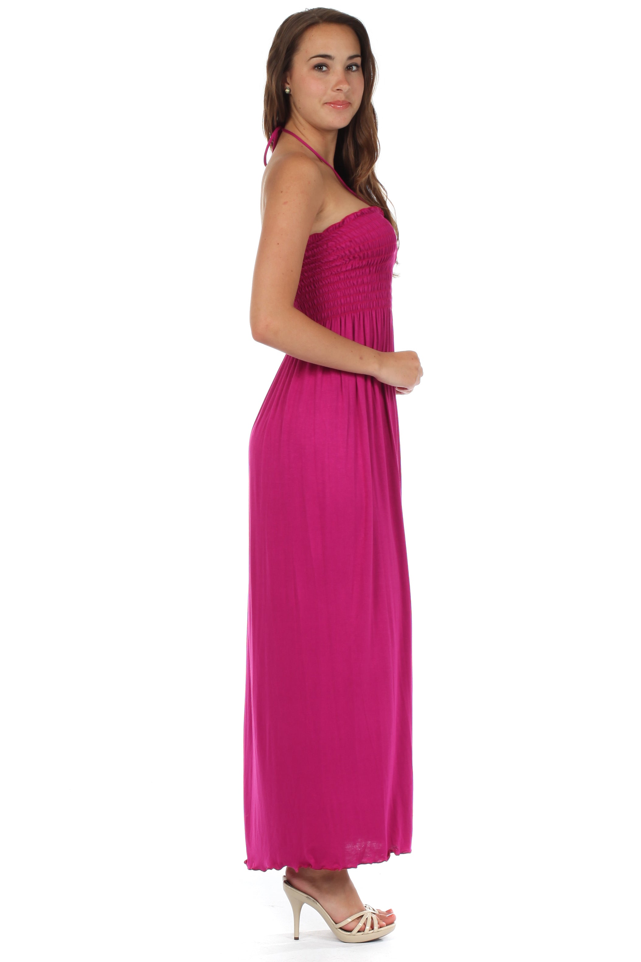 Sakkas - Soft Jersey Feel Solid Color Smocked Bodice String Halter Long Dress