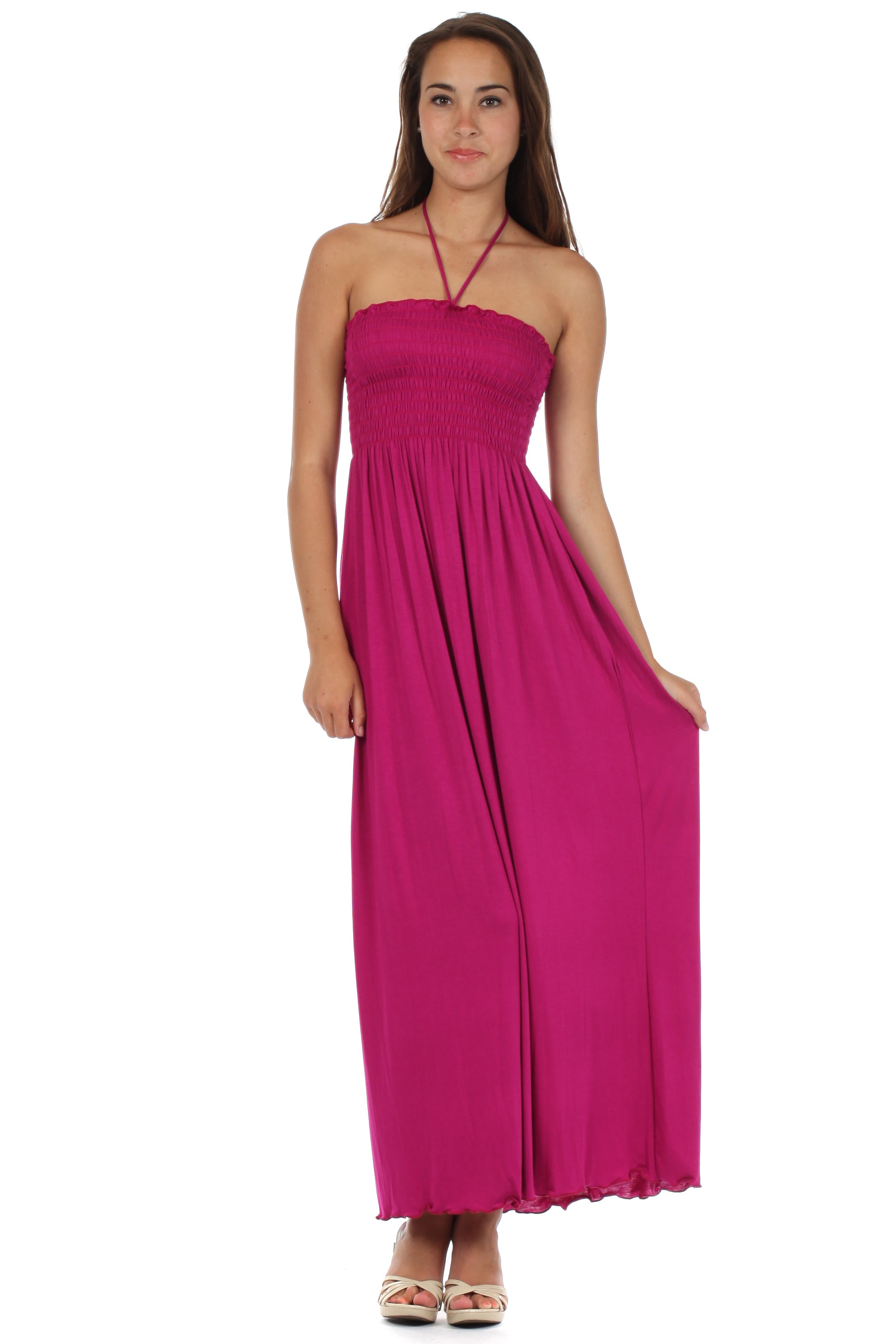 Sakkas - Soft Jersey Feel Solid Color Smocked Bodice String Halter Long Dress