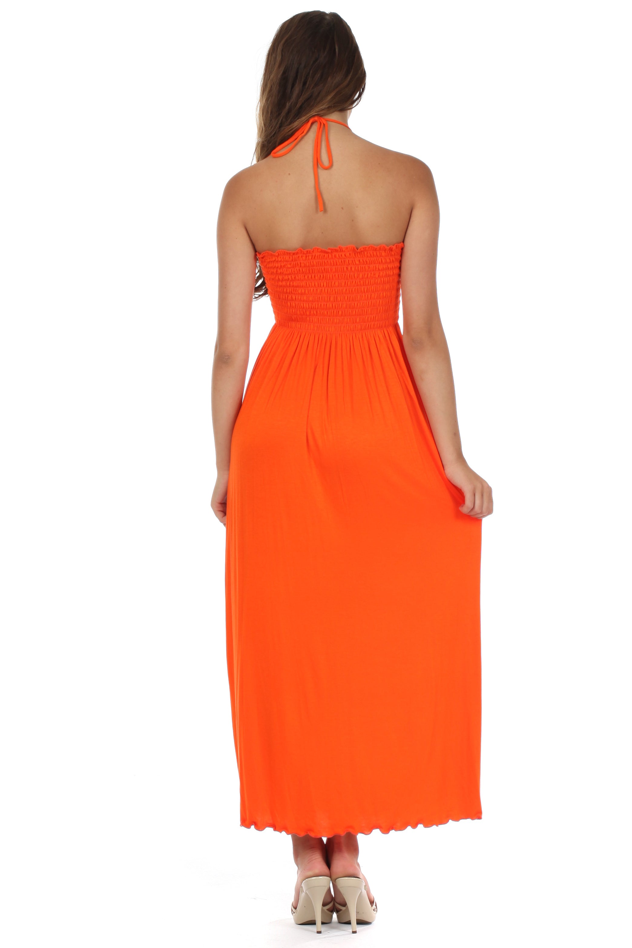 Sakkas - Soft Jersey Feel Solid Color Smocked Bodice String Halter Long Dress