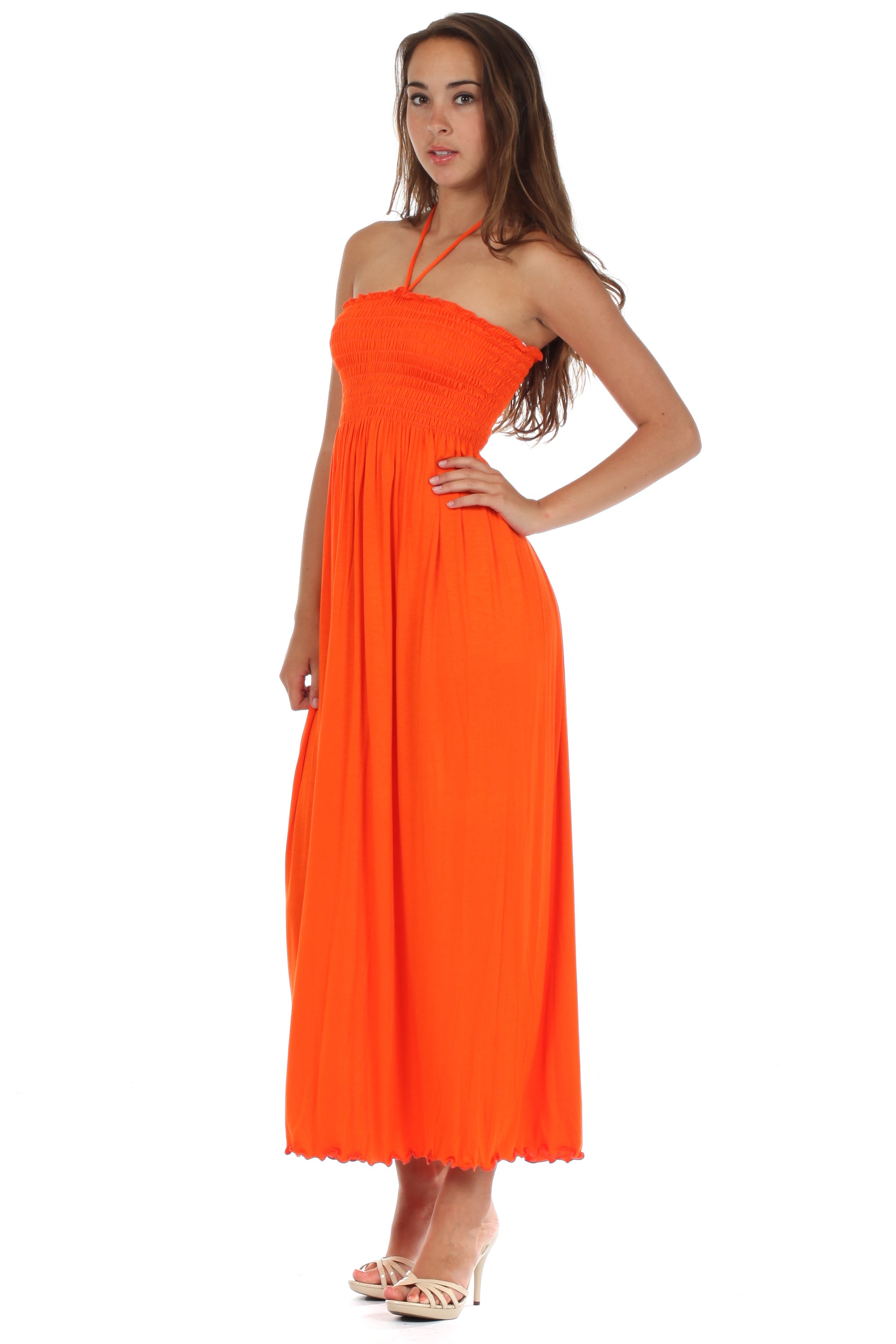 Sakkas - Soft Jersey Feel Solid Color Smocked Bodice String Halter Long Dress