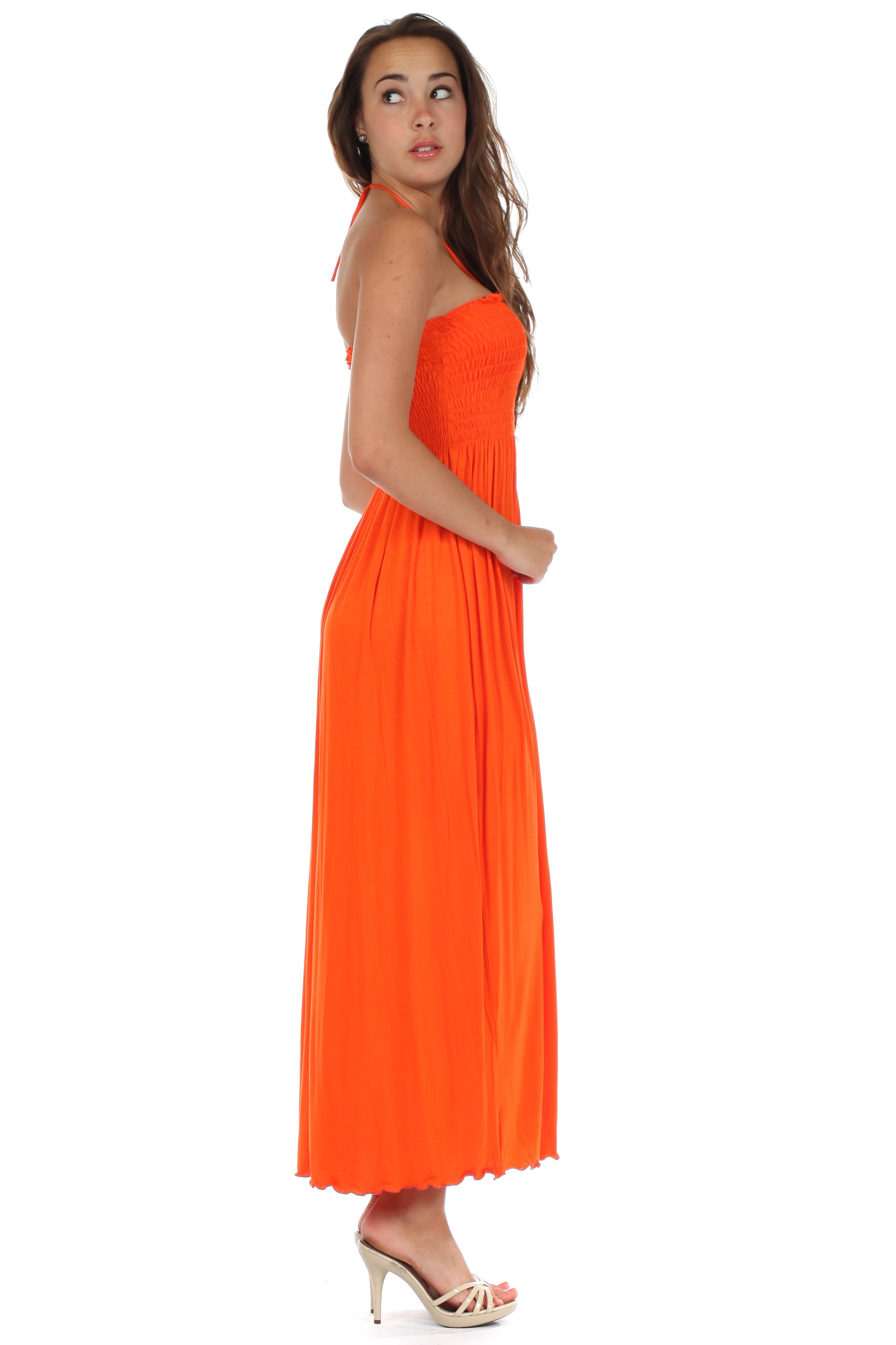 Sakkas - Soft Jersey Feel Solid Color Smocked Bodice String Halter Long Dress