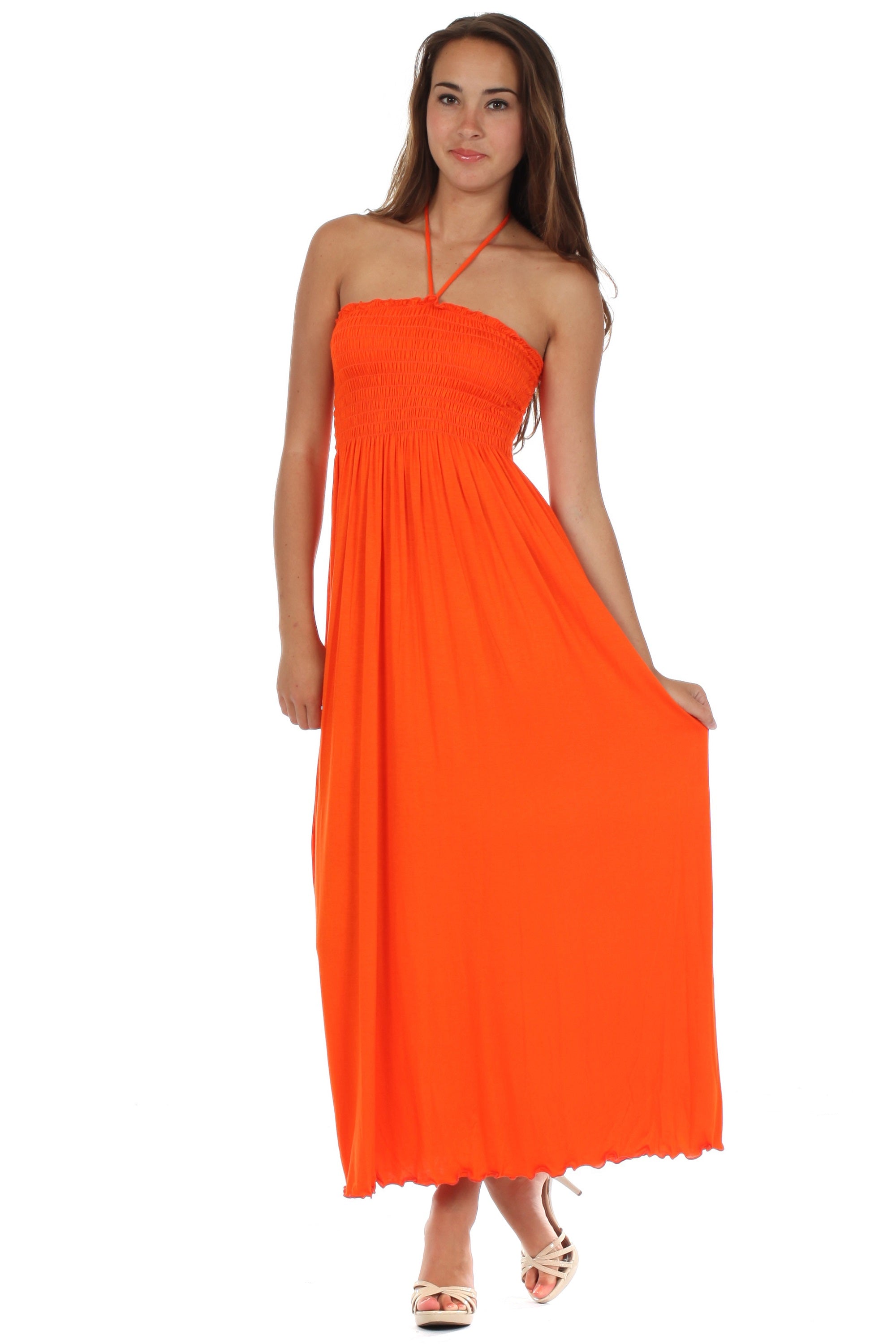 Sakkas - Soft Jersey Feel Solid Color Smocked Bodice String Halter Long Dress